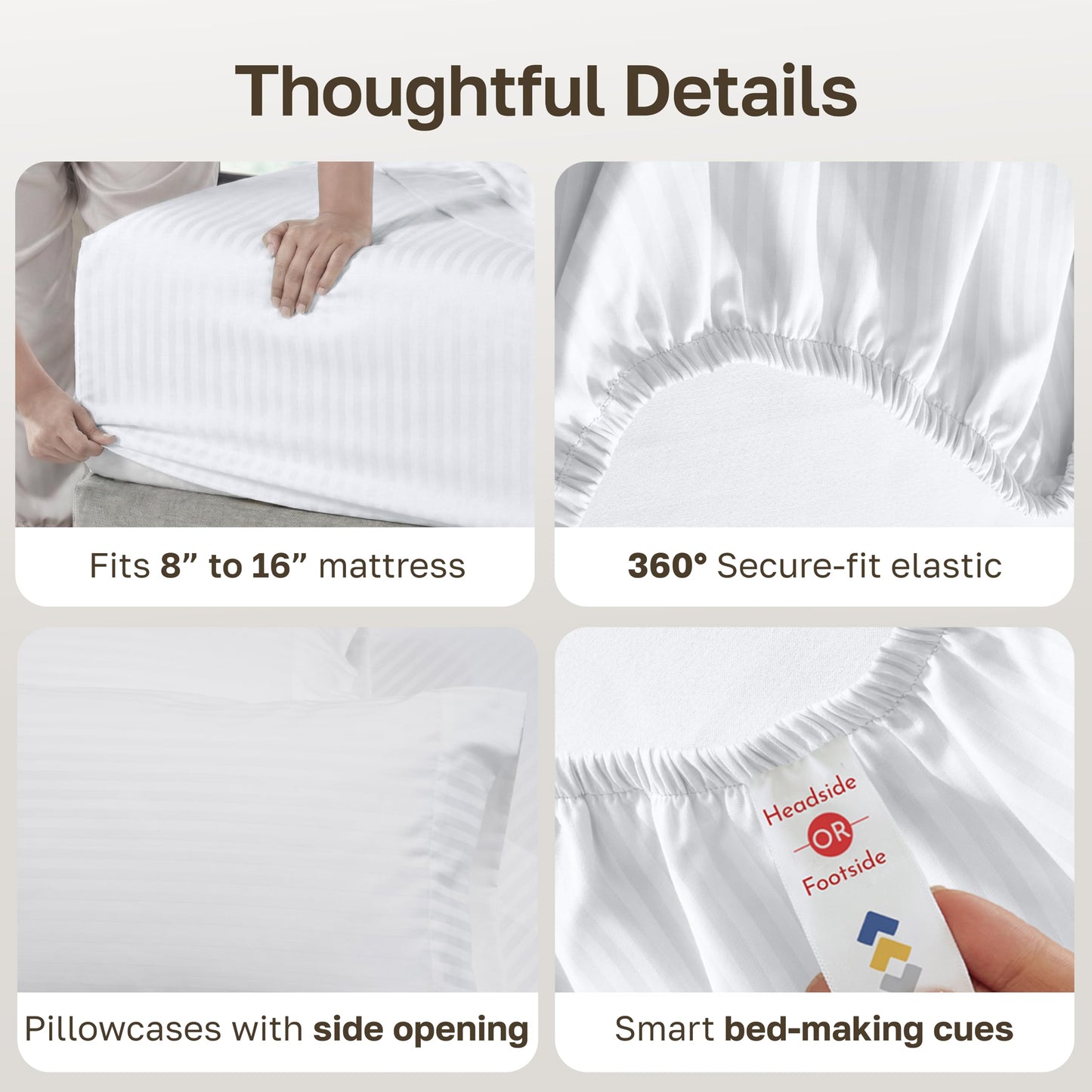California Design Den Soft 100% Cotton Queen Sheet Set, 400 TC Good Housekeeping Award Winner, Silky Smooth Sateen Weave with Deep Pockets, Breathable and Durable Cotton Bedding Set - Striped White