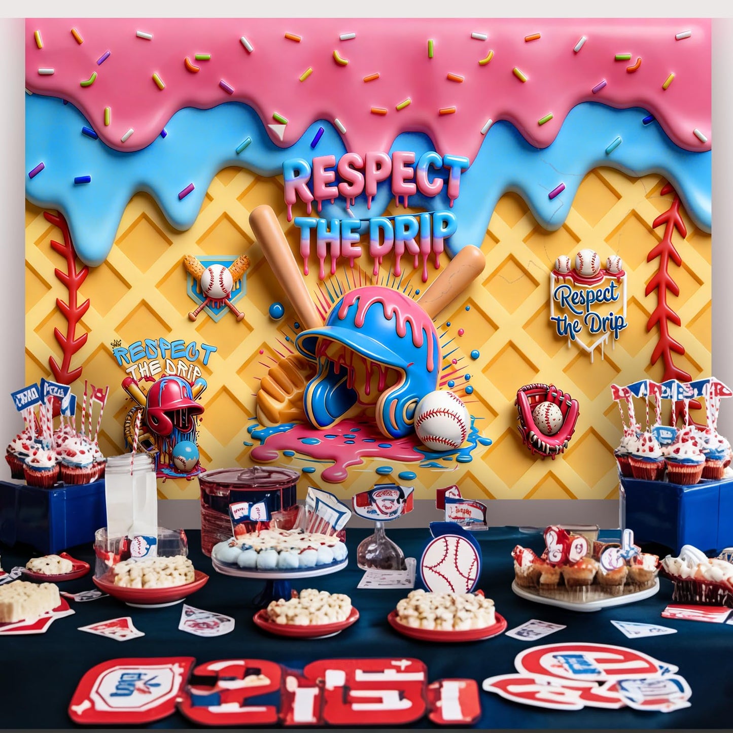 Ice Cream Drip Baseball Birthday Party Decoration 3D Visual Effect Baseball Ice Cream Drip Theme Banner Sports Party Hanging Photo Supplies for Summer Party Gathering Decorations