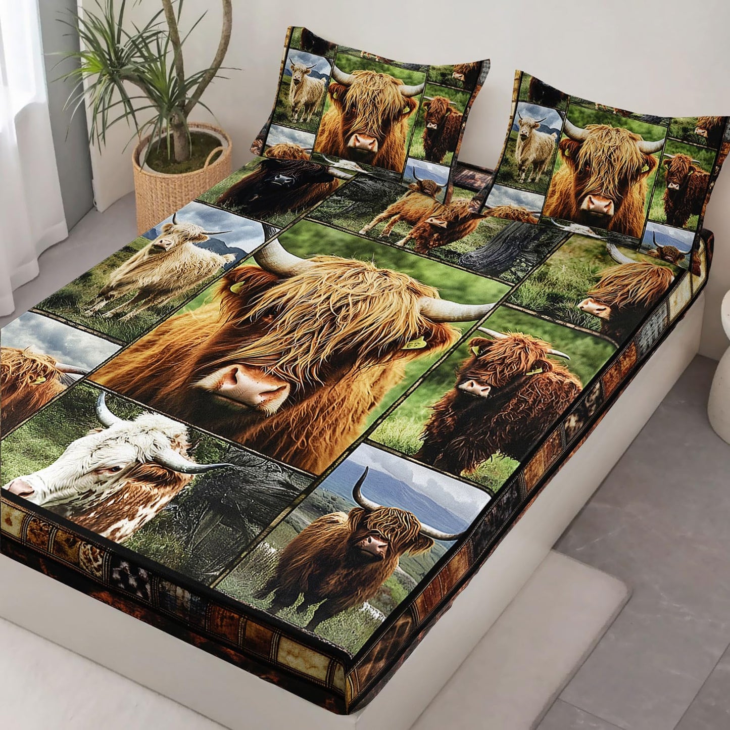 AILONEN Highland Cow Print Bedding Set Twin Size,Rustic Farmhouse Cattle Fitted Sheet with 2 Pillowcases for Kids Teens,3-Piece Farm Animal Plaid Bed Sheet Set