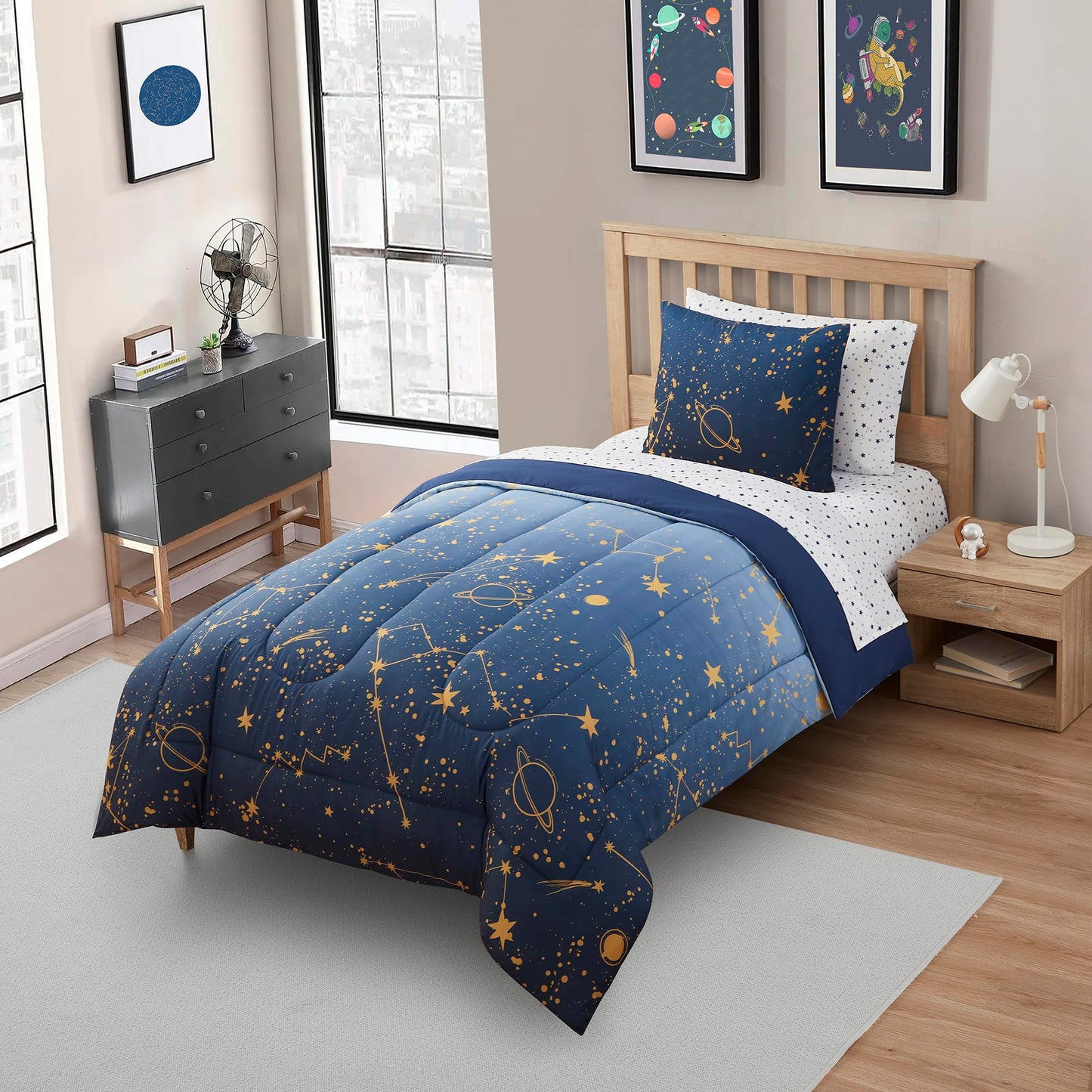 Kids Bedding Set Bed in a Bag for Boys and Girls Toddlers Printed Sheet Set and Comforter, Twin, Galaxy