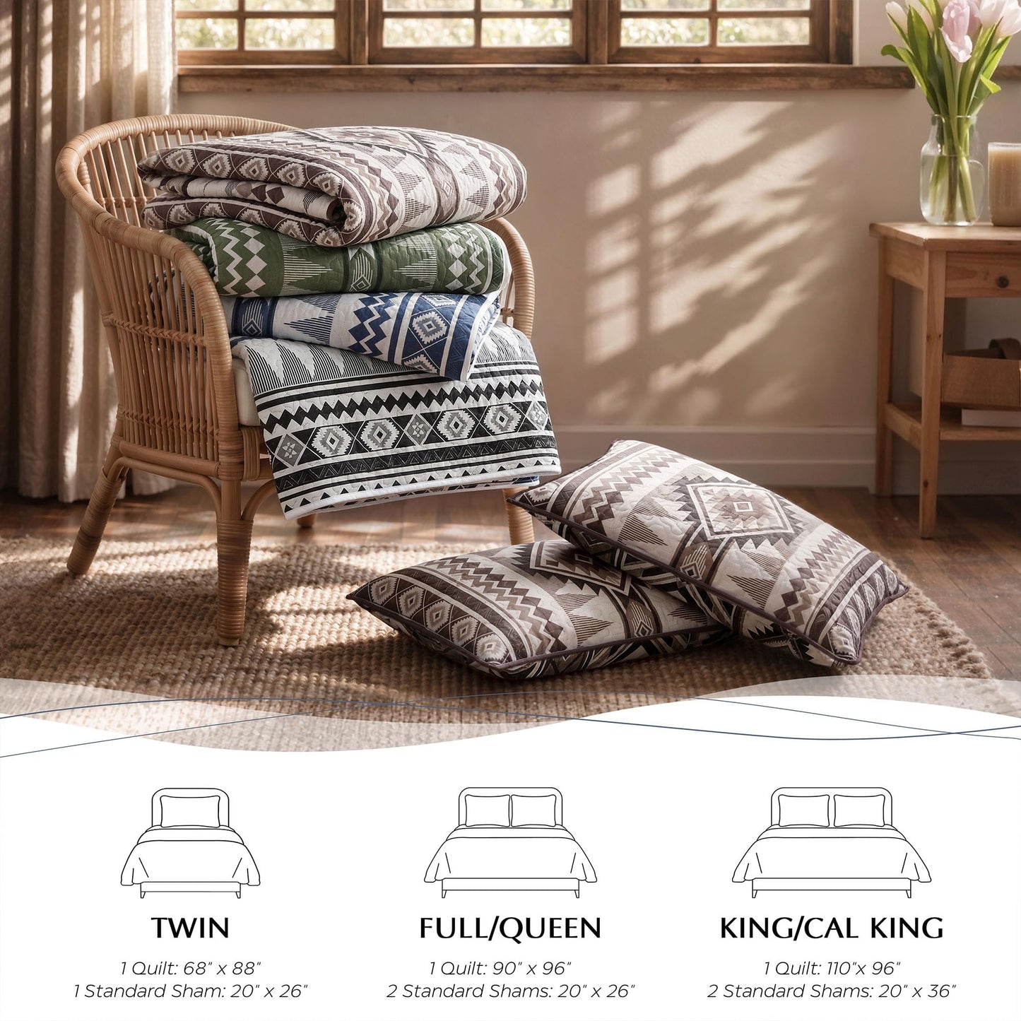 akkialla Reversible Blue Boho Queen Quilt Set, 2-Piece Bohemian Aztec Microfiber Bedspread, Soft Lightweight All-Season Coverlet (1 Quilt, 2 Shams)