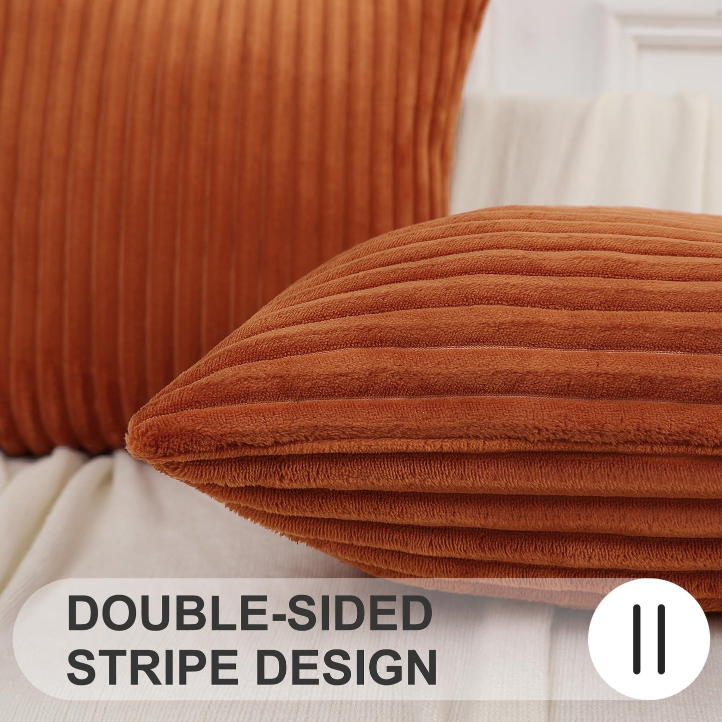 Simmore Decorative Throw Pillow Covers 18x18 Set of 2, Soft Natural Plush Flannel Double-Sided Fluffy Couch Pillow Covers for Sofa Living Room, Rust