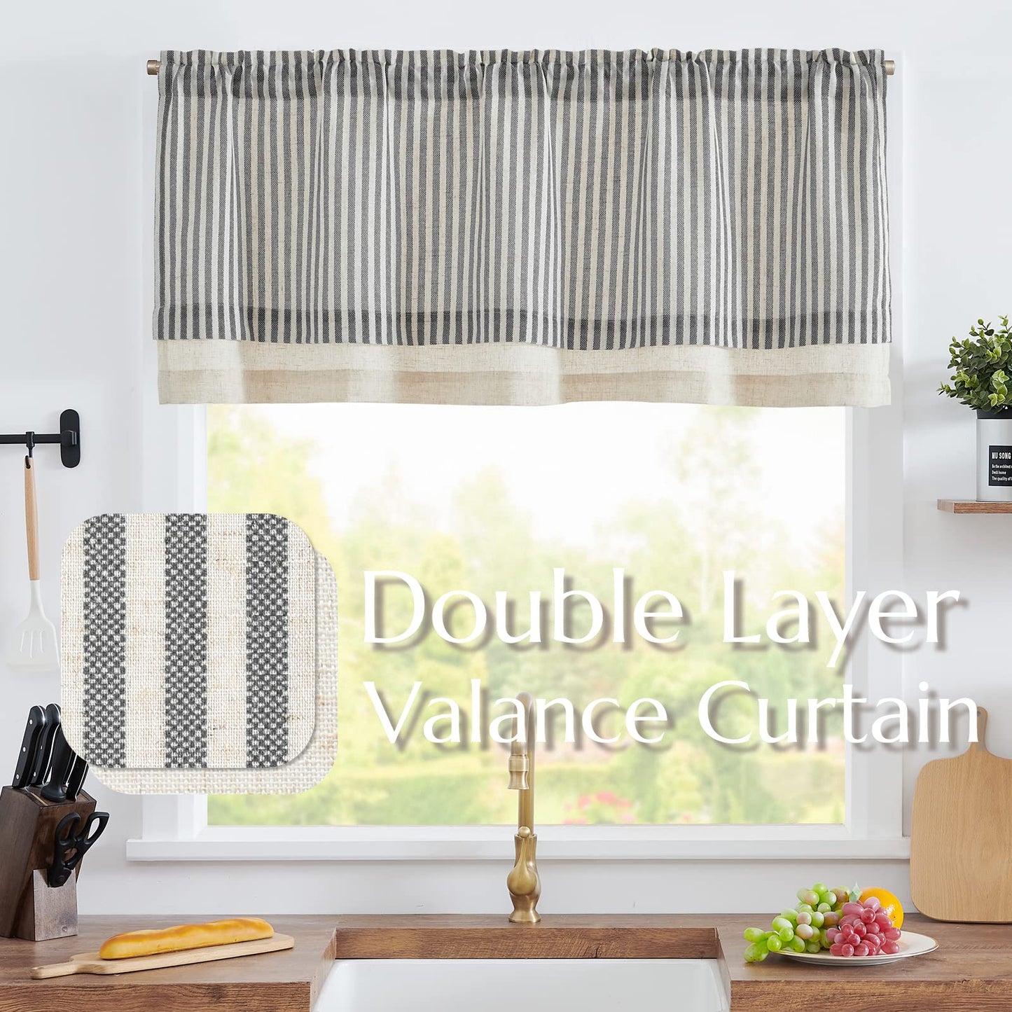 jinchan Linen Valance Kitchen Curtain Light Filter Double Layer 18 Inch