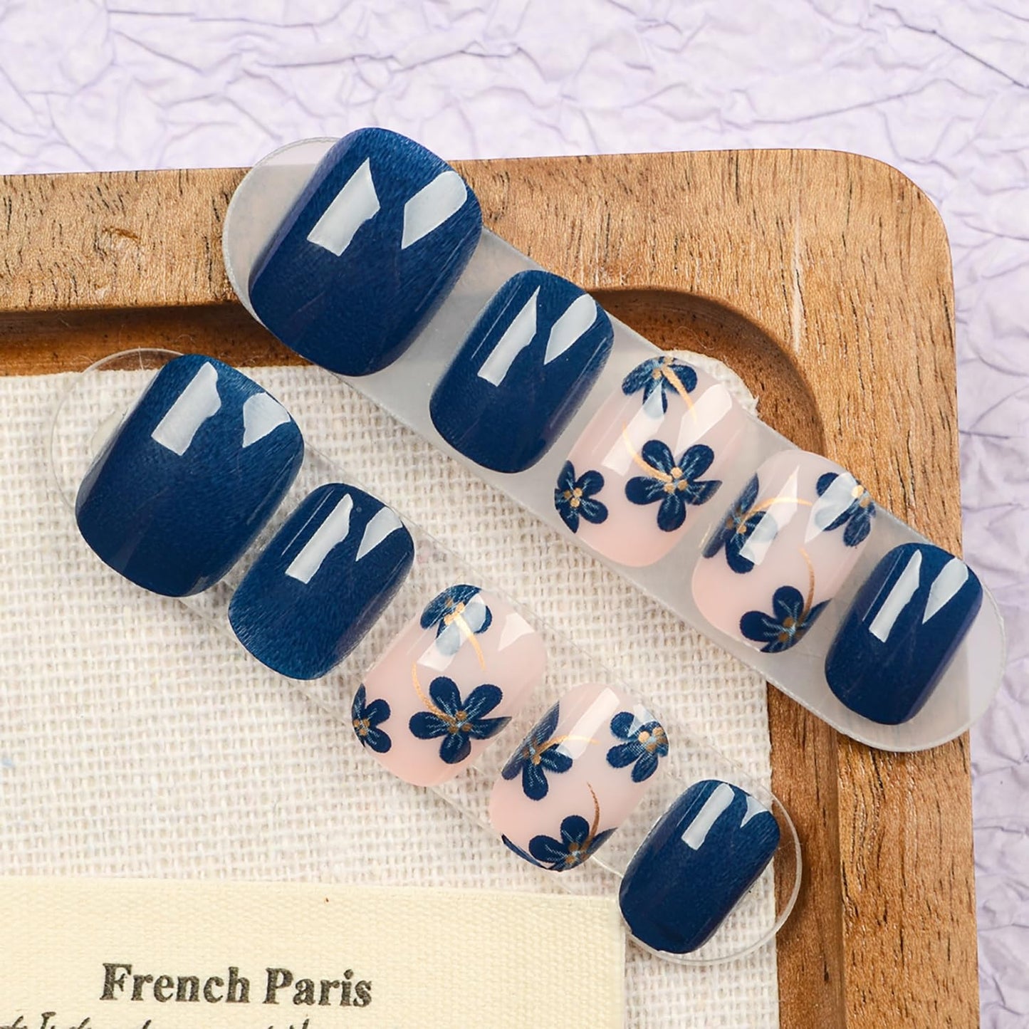 Flower Press On Nails Short Blue Fake Nails Square Spring Nails Press Ons Artificial Acrylic False Nails With Blue Flowers Designs Full Cove Glue On Nails Summer Stick On Nails For Women 24Pcs