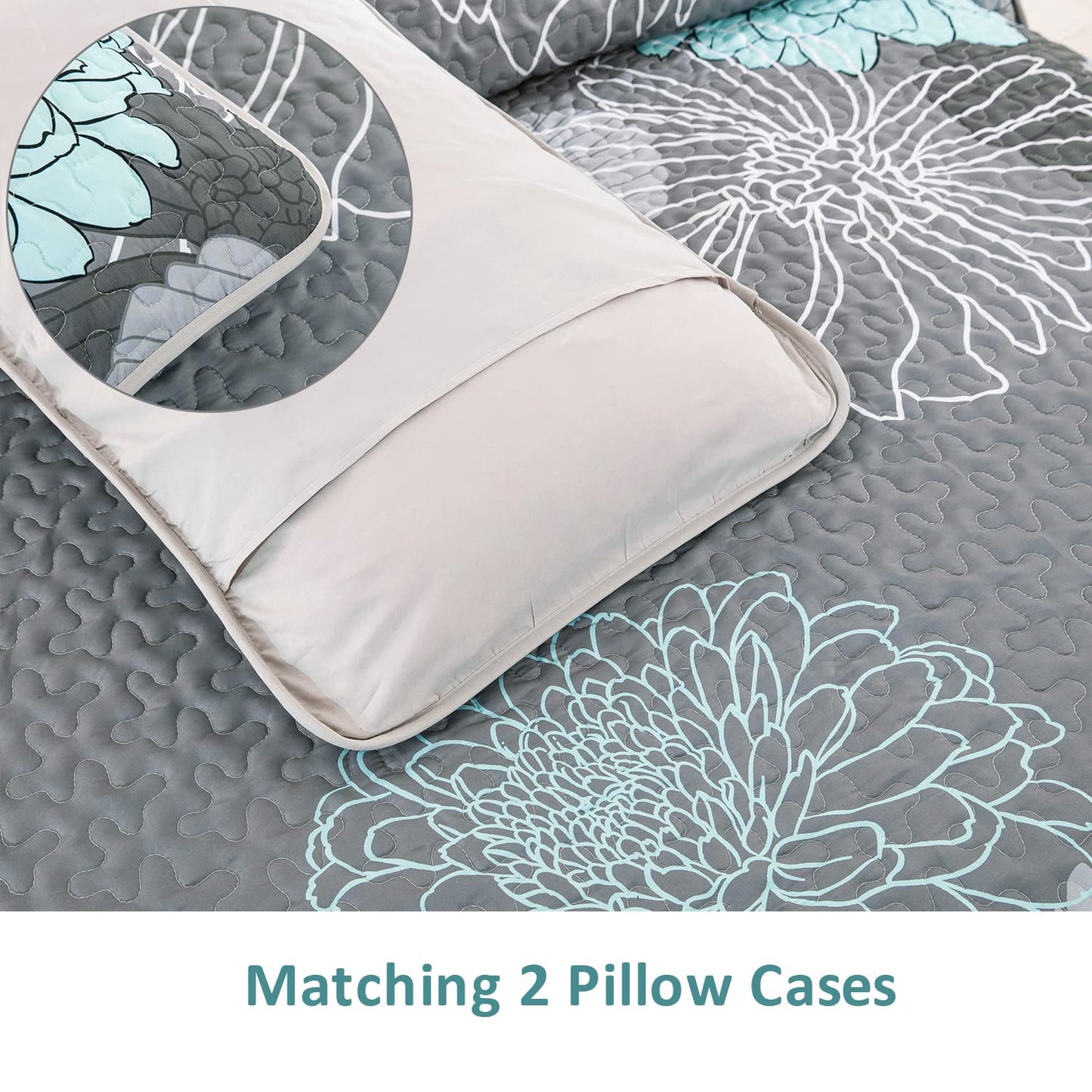 Anibedding Green Floral Queen Size Quilt Set - 3 Pieces Boho Flower Quilt Coverlet Elegant Bohemian Bedspread with 2 Pillowcases Soft Lightweight Bedding Quilts for Adults (Green,96"x90")