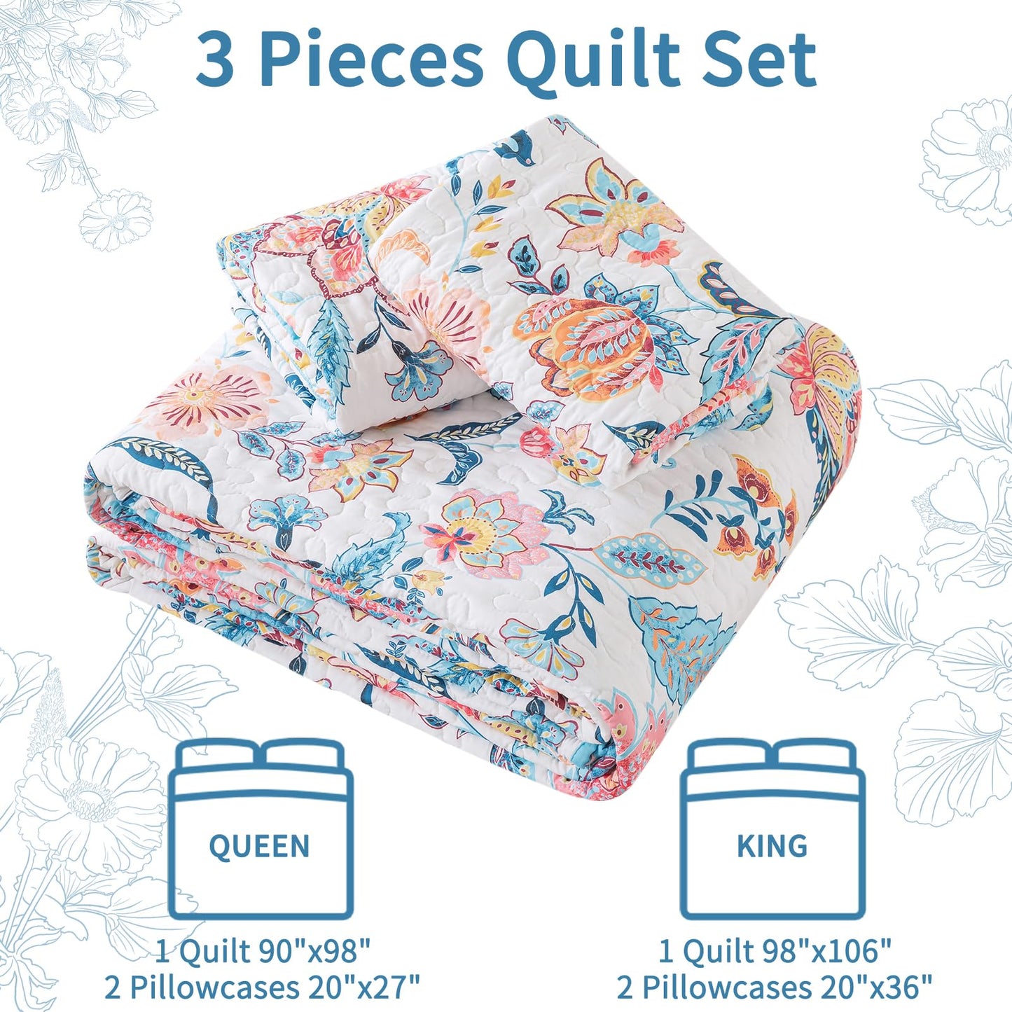 VAPUTAR Pink Queen Size Quilt Bedding Set for Adults - Farmhouse Queen Bedspread (90 x 98 inch) with 2 Pillow Shams - Lightweight Reversible Coverlet Quilt for Bedroom, 3 Pieces