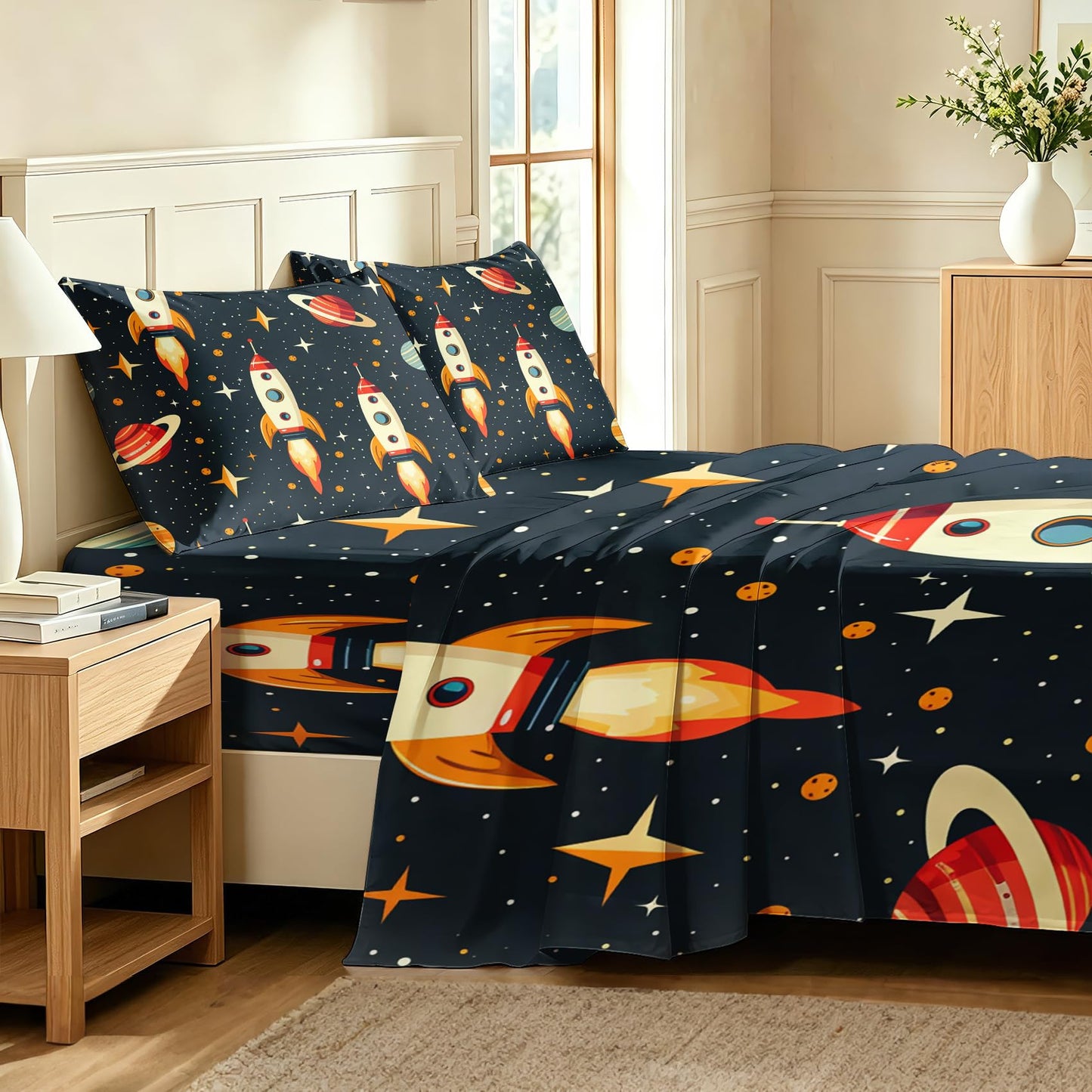 Rocket Twin Sheet Set 3 Pcs Boys Outer Space Bed Sheets, Navy Blue Red