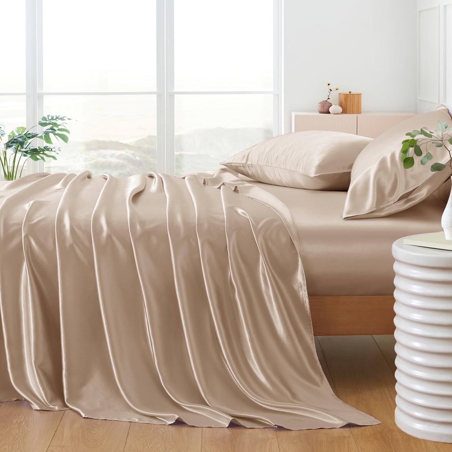NA HommxJF 4PCS Taupe Satin Sheets Full Size Taupe Silky Silk Sheets Sets Bedding Sets & Pillowcases with 1 Flat Sheet+1 Deep Pocket Fitted Sheet+2 Pillowcases