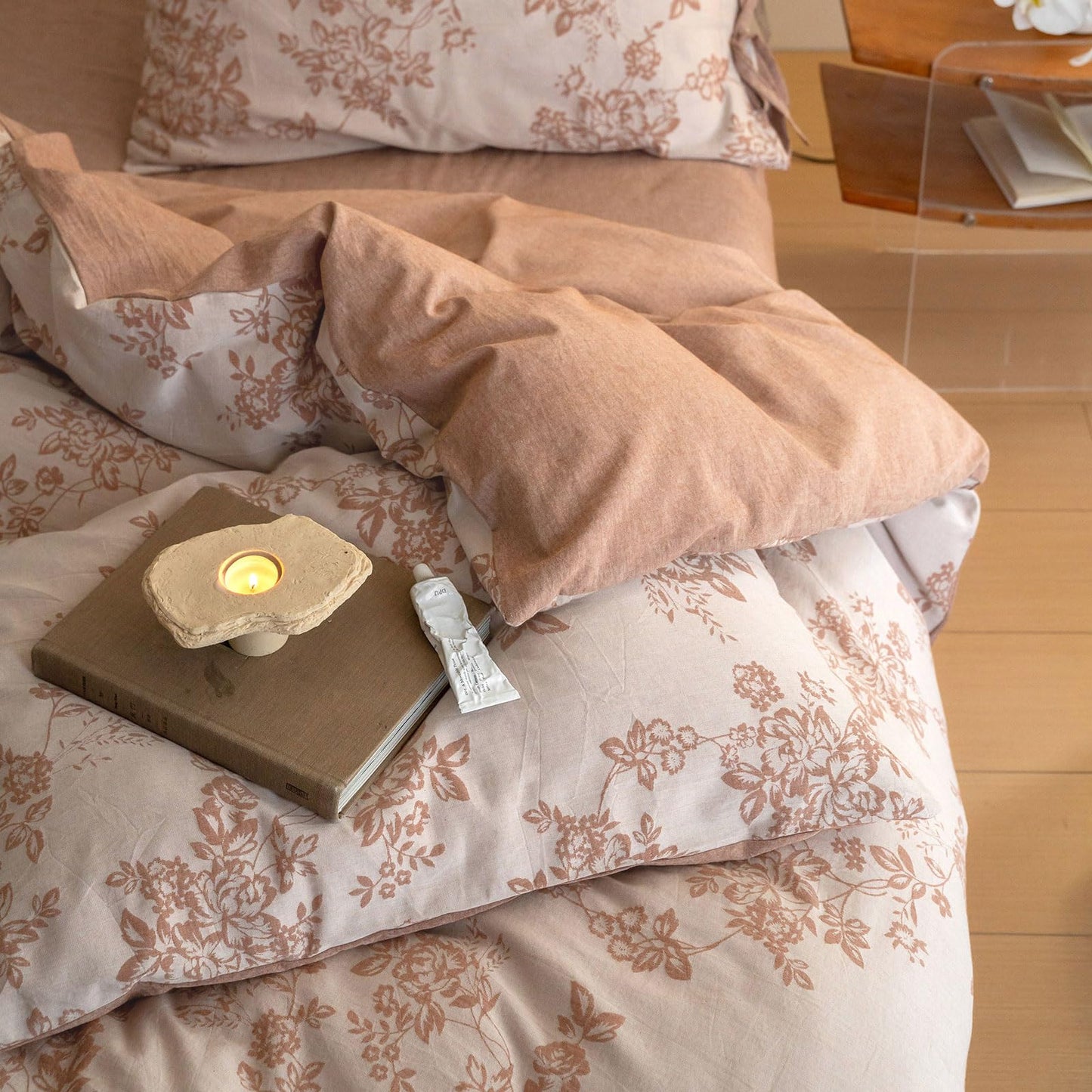 VM VOUGEMARKET Chic Floral Duvet Cover Queen,Yarn-Dyed Cotton Jacquard Textured Duvet Cover with Bowknot Retro Monet Style Bedding Set-90"x90",Pumpkin