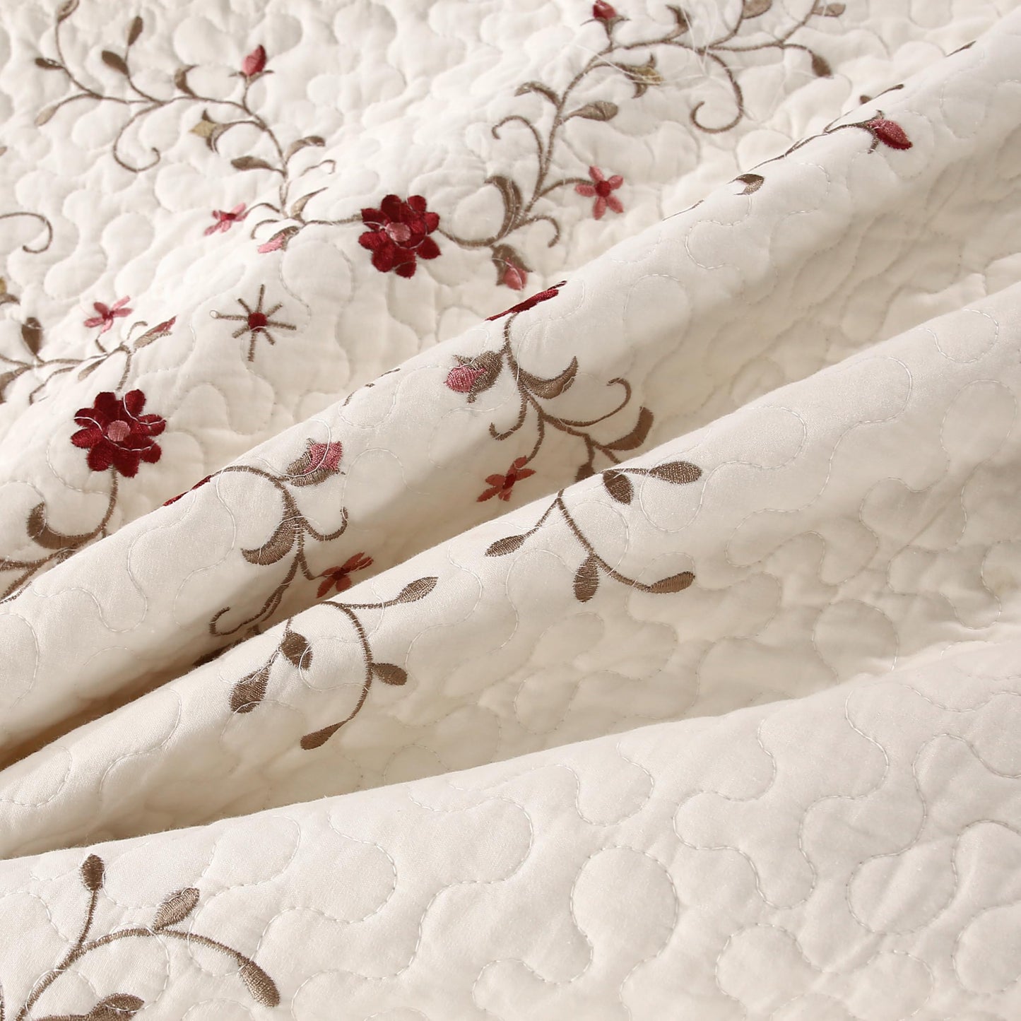 Quilt Set Floral Leaves 3D Embroidery Pattern 3 PCS Cotton Reversible Quilted Embroidered Decorative Bedspreads Coverlet Set, Lightweight &Soft Queen Size Beige Bedding Coverlet for All Season