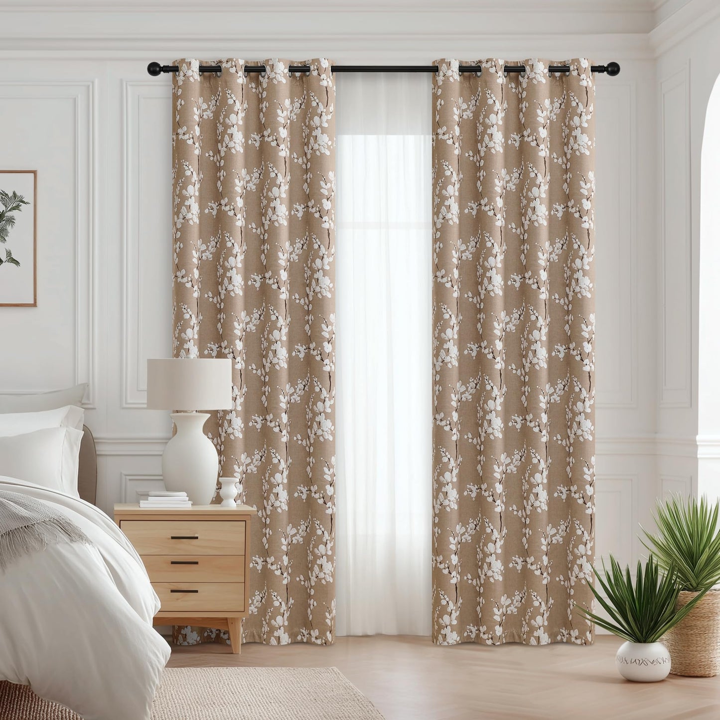 FMFUNCTEX 100% Blackout Floral Curtains for Bedroom, Taupe Curtains 84 inches Long Blossom Flower Patterned for Living Room, Thermal Insulated Farmhouse Drapes, Grommet Top 2 Panels (White on Brown)