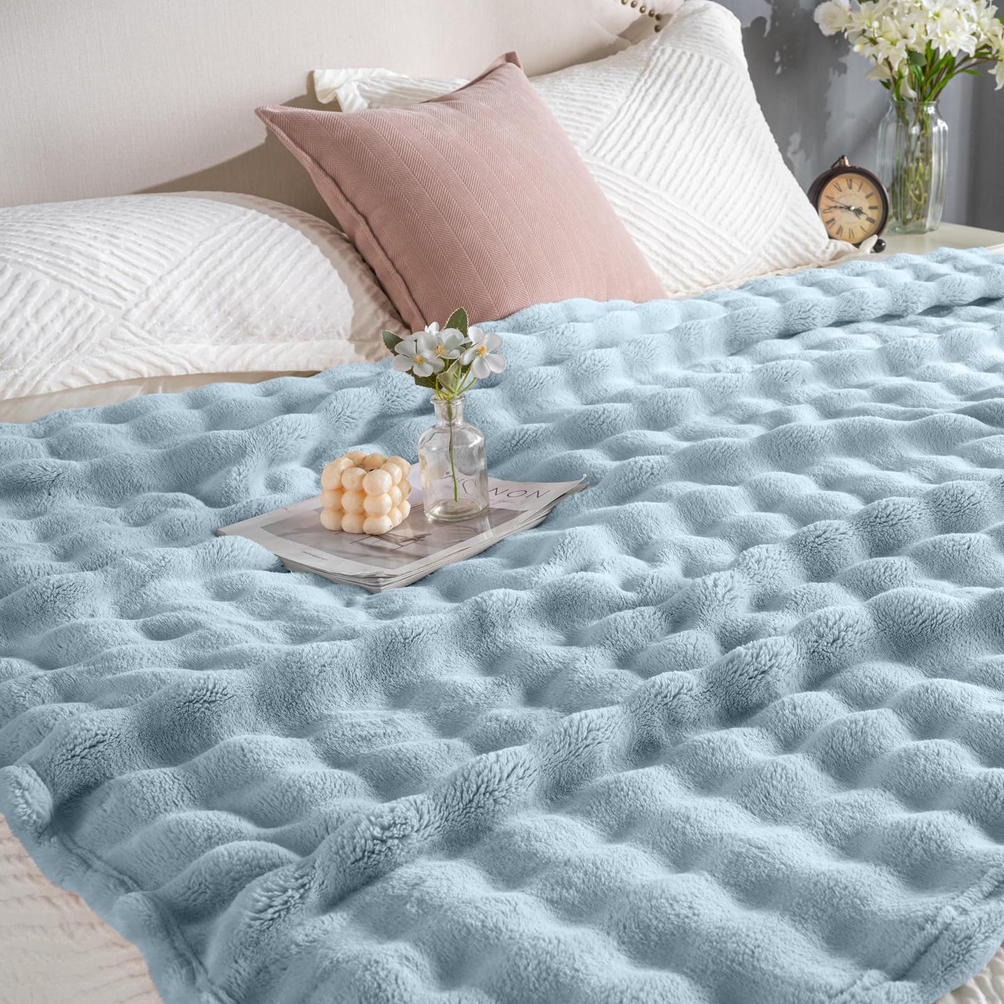 Light Blue Fur Throw Blanket for Couch, Soft Fluffy Bubble Blanket for Bed Sofa, Thick Warm Plush Fuzzy Rabbit Fur Blanket for Neutral Home Decor, 50"X 60"
