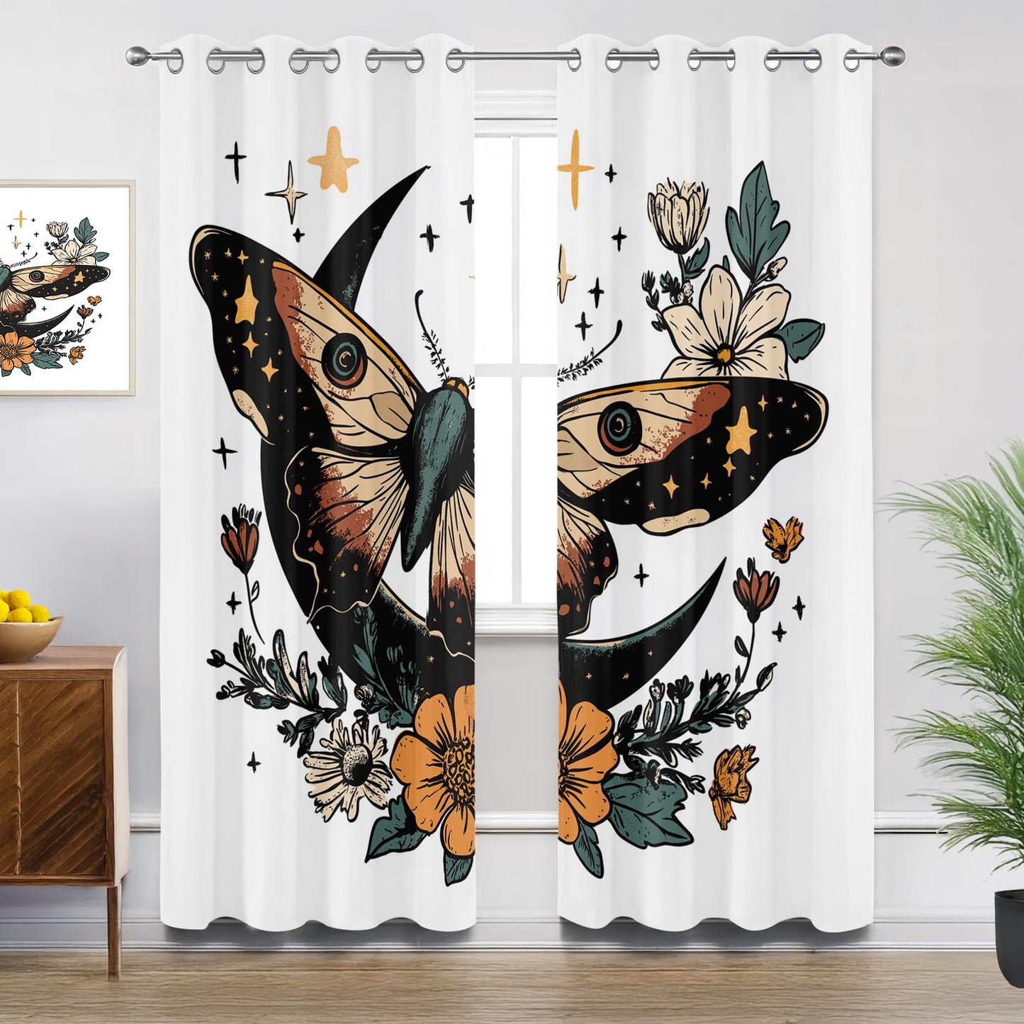 Moth Curtains 63 Inch Length, Moon Stars Bohemian Mysterious Witchy Blackout Curtains for Bedroom Living Room, Room Darkening Thermal Insulated Grommet Drapes, Patterned Window Treatments