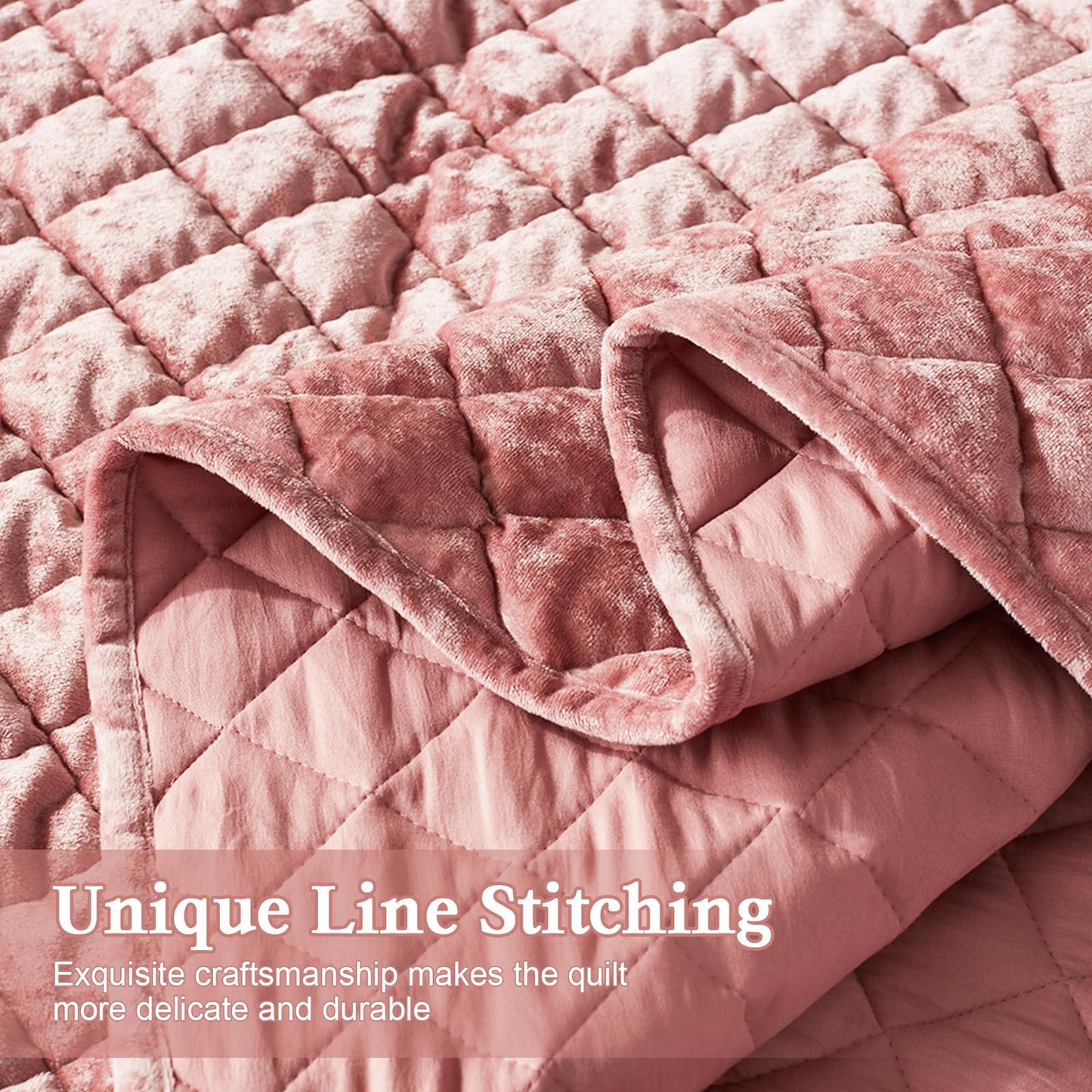 Cosybay Luxury Velvet Quilt Set Queen, Lightweight Oversized Bedspread Coverlet Quilted Box Stitch Bedding Set, with 2 Matching Pillow Shams, for All Season, Rose Pink