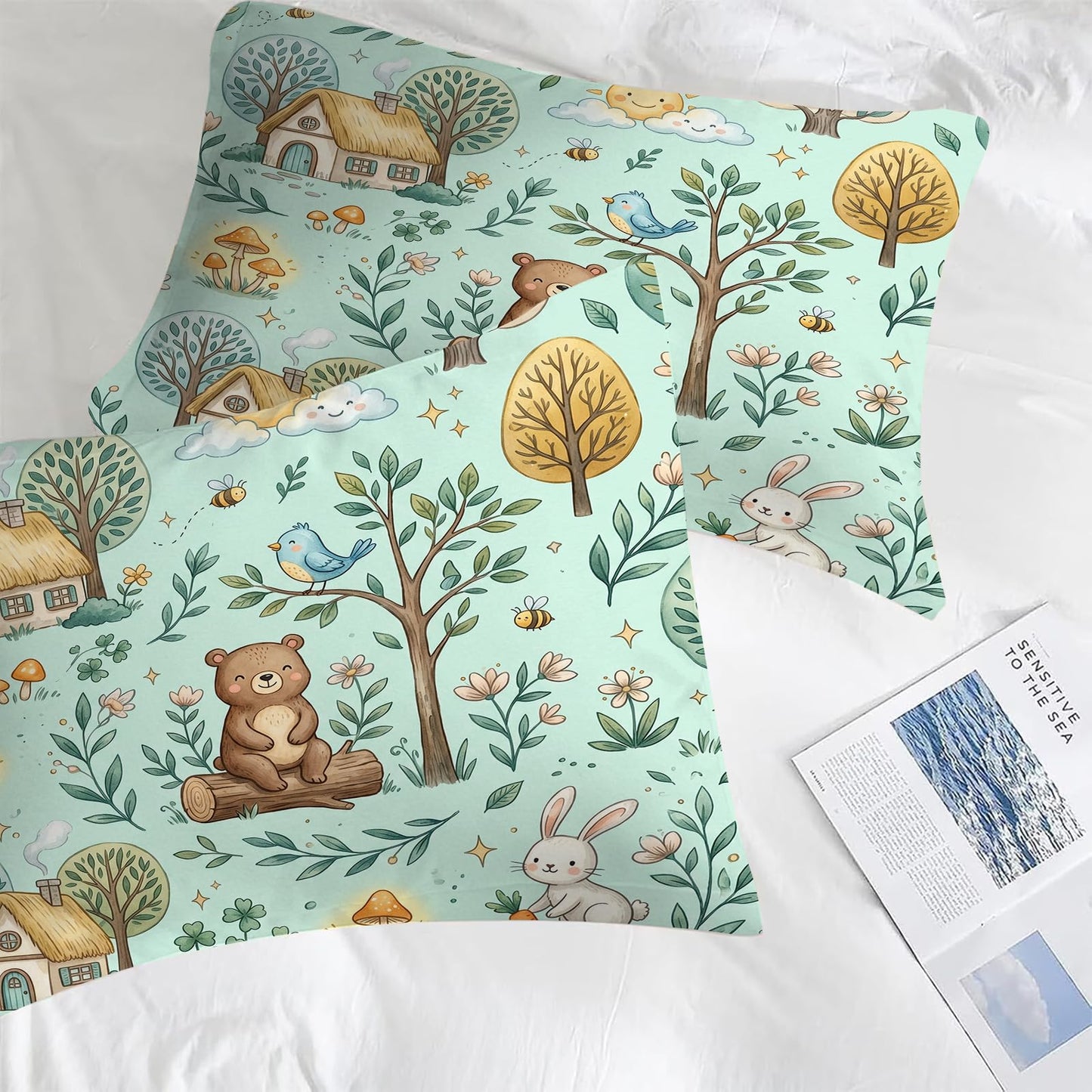 DJNEAR Cute Woodland Animal Comforter Set Twin Size, Bear and Rabbit Print for Kids Boys Girls Teens, Soft Microfiber Room Decor 1 Comforter 1 Pillowcase
