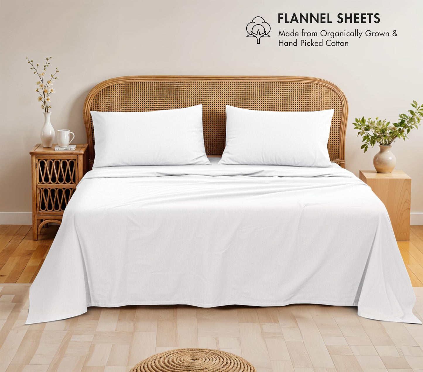 RUVANTI Flannel Sheets Queen Size - GOTS Certified 100% Organic Cotton, 4 Piece Warm, Soft & Breathable Set, Deep Pocket Snug Fit, Double Brushed Cozy All Season Bedding, Pure White