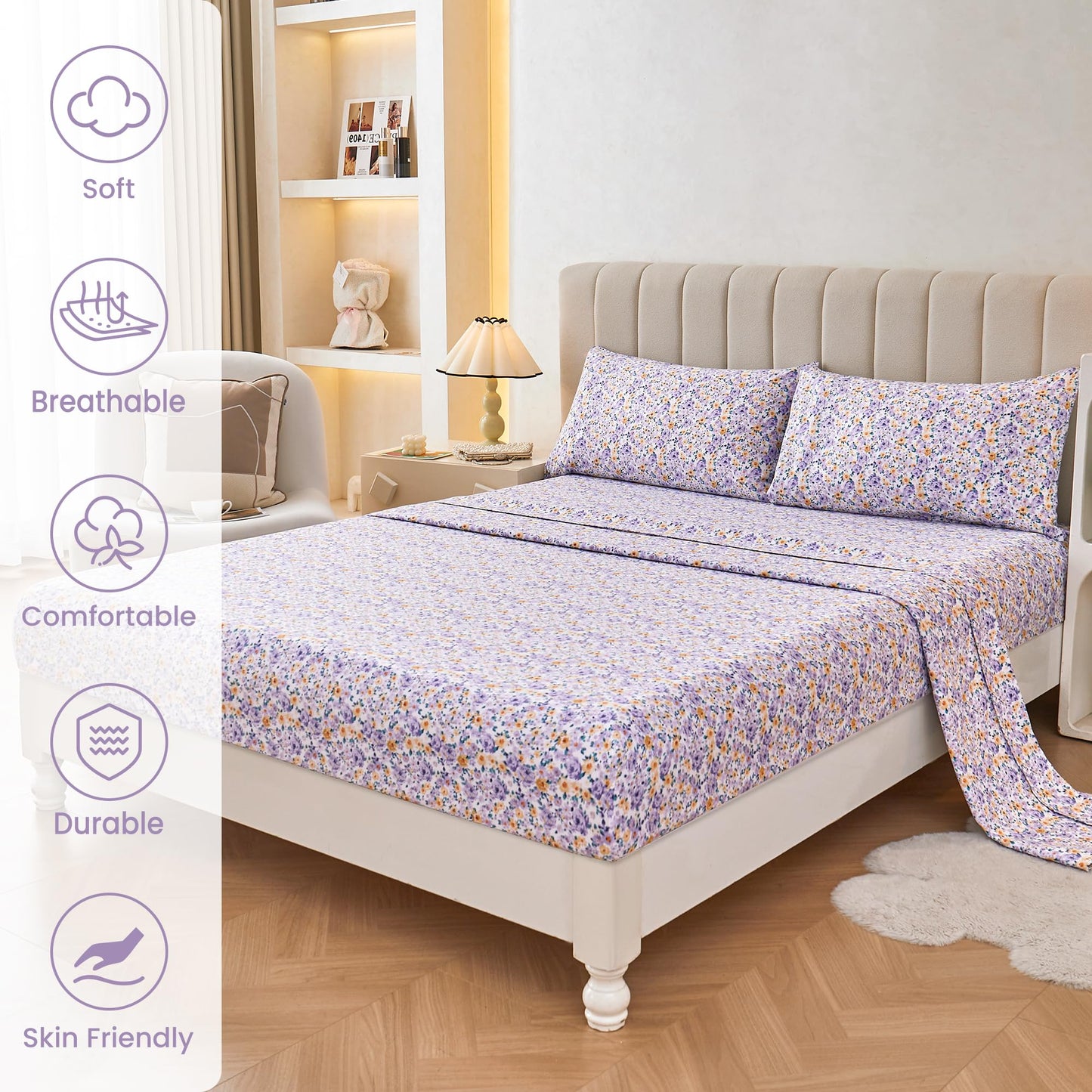 Mooreeke Floral Queen Bed Sheets, Soft Microfiber Printed Bedding Sheets & Pillowcases, Deep Pocket Non-Slip Vintage Queen Sheet, Purple Yellow Flower Pattern Bedsheets