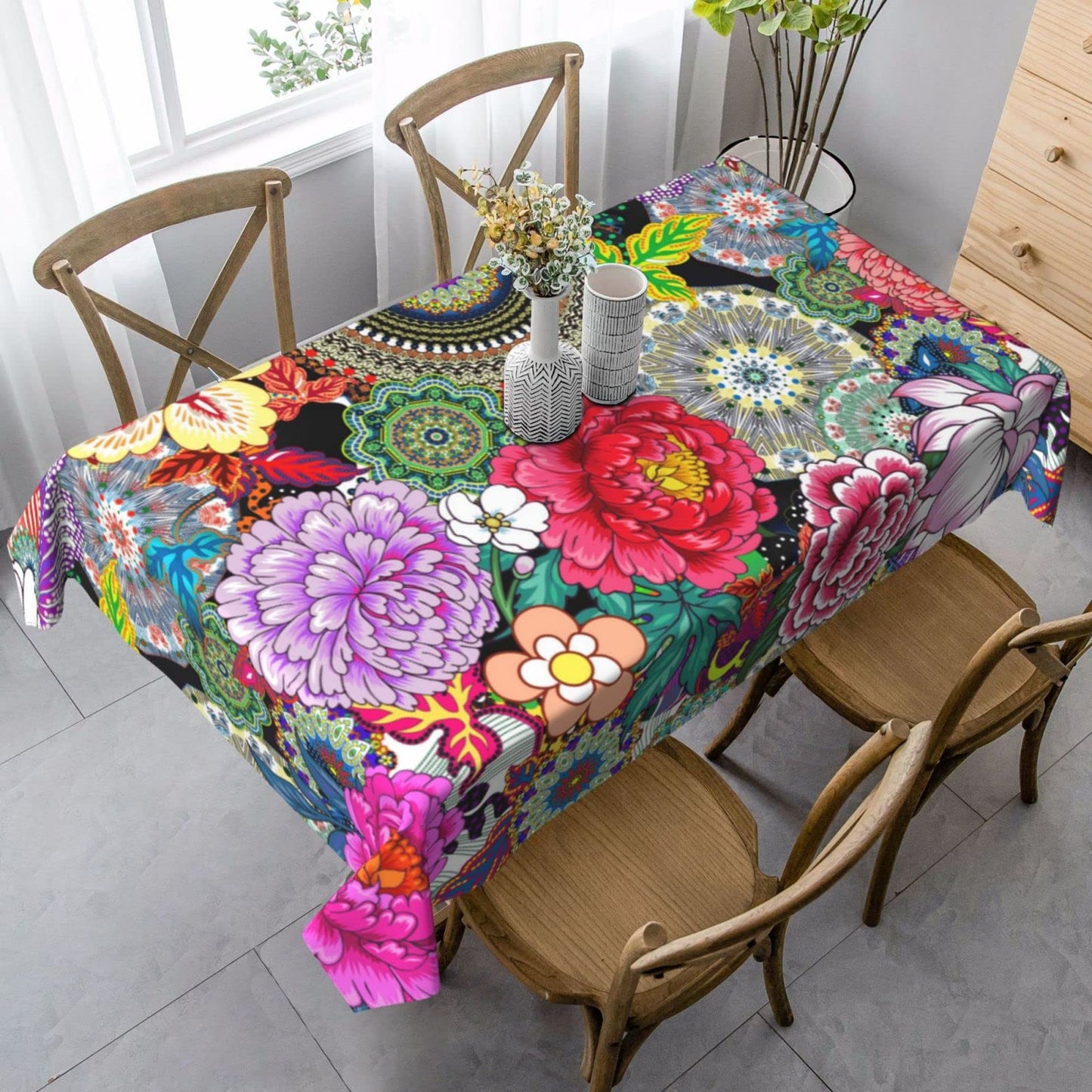 Mandala Flower Tablecloth Table Cover Washable Tabletop for Kitchen Dinning Decoration Rectangle 60x90inch