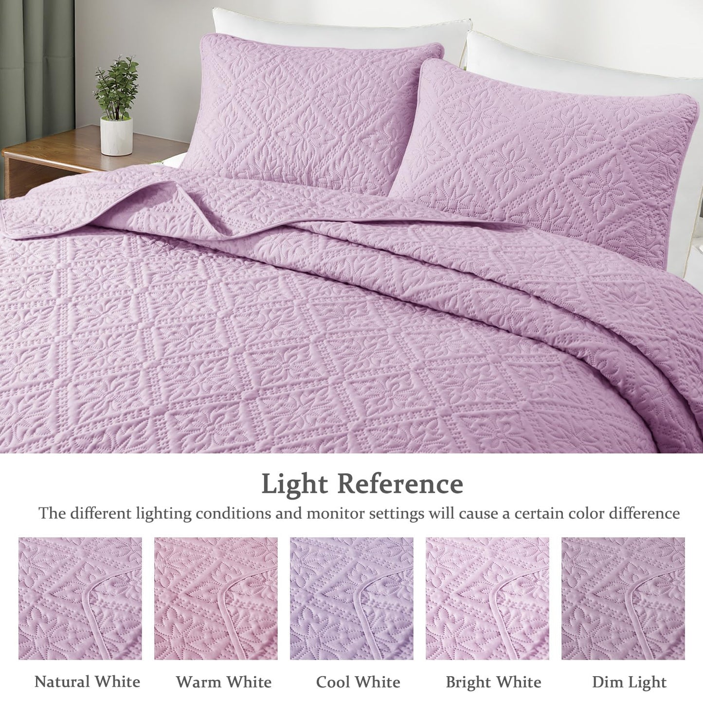 Exclusivo Mezcla King Quilt Bedding Set, Lightweight Soft Bedspreads Coverlets with 2 Pillow Shams, Modern Lilac Oversized Quilts King Size for All Seasons