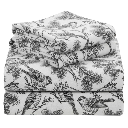 California Design Den Flannel King Sheets Set - Made in Portugal 100% Cotton, Thick, Velvet Soft 4-Piece King Size Flannel Sheets Set, Triple-Brushed with Extra Deep Pockets - Winter Birds