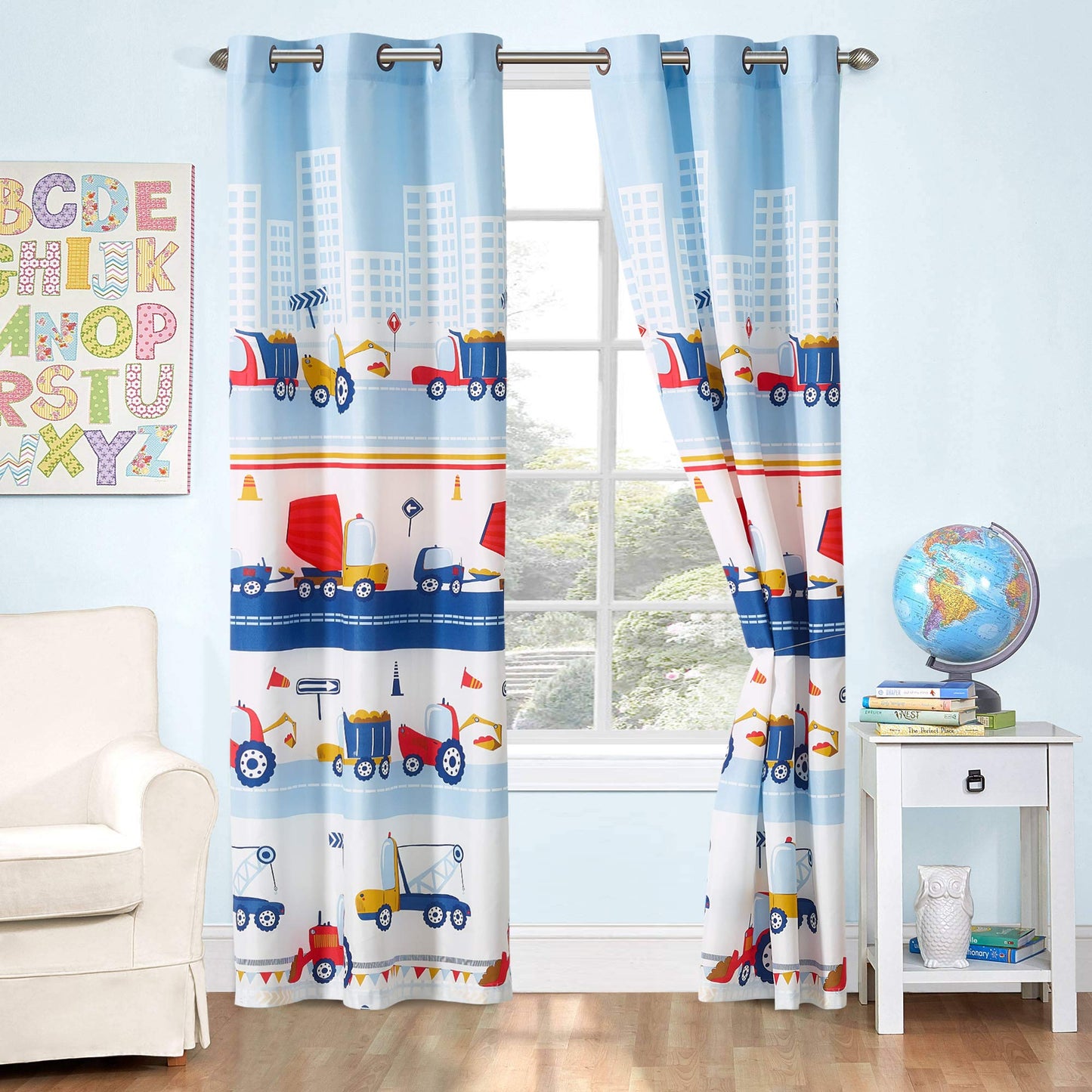 Kids Zone Home Linen 2 Panel Curtain Set with Grommet for Boys Girls Teens Bedroom Multicolor Set (Construction Cranes Mobile Crane Cement Truck Tlb Blue White Red Yellow)