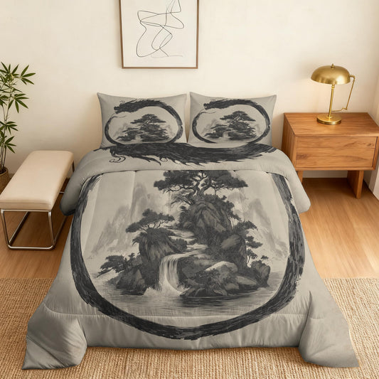 ZDABAOEC Chinese Dragon Twin Comforter Set 2 Piece, 1 Pillow Sham, Oriental Asian Japanese Style Reversible Down Alternative All Season Bedding, Soft Microfiber, Chinese Dragon Bedroom Decor