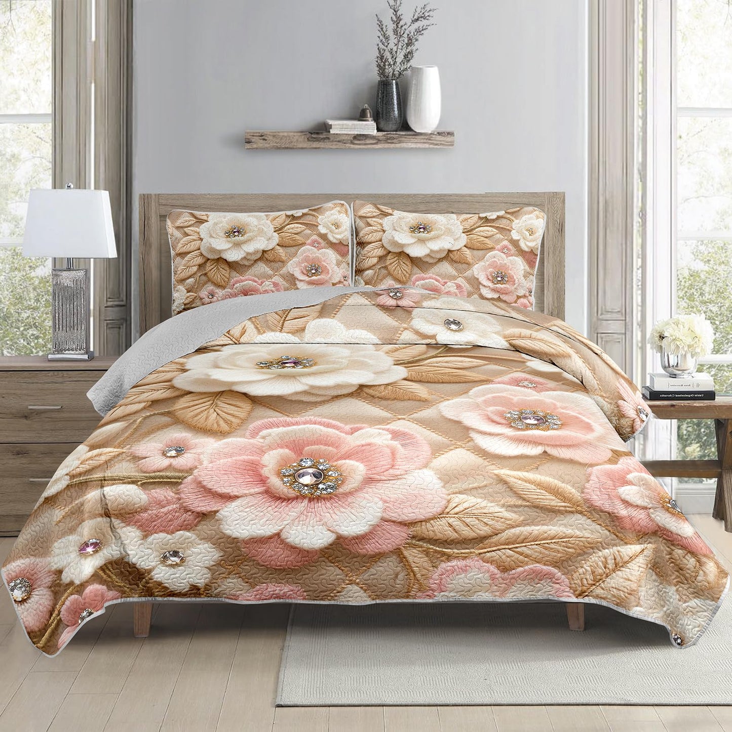 QOOMO Cartoon Flowers Quilt Set,3 Pieces Plant Printing Bedspreads Coverlet Set Twin Size,Soft Microfiber Lightweight Bedding Set with 1 Quilt 2 Pillowcases for All Season