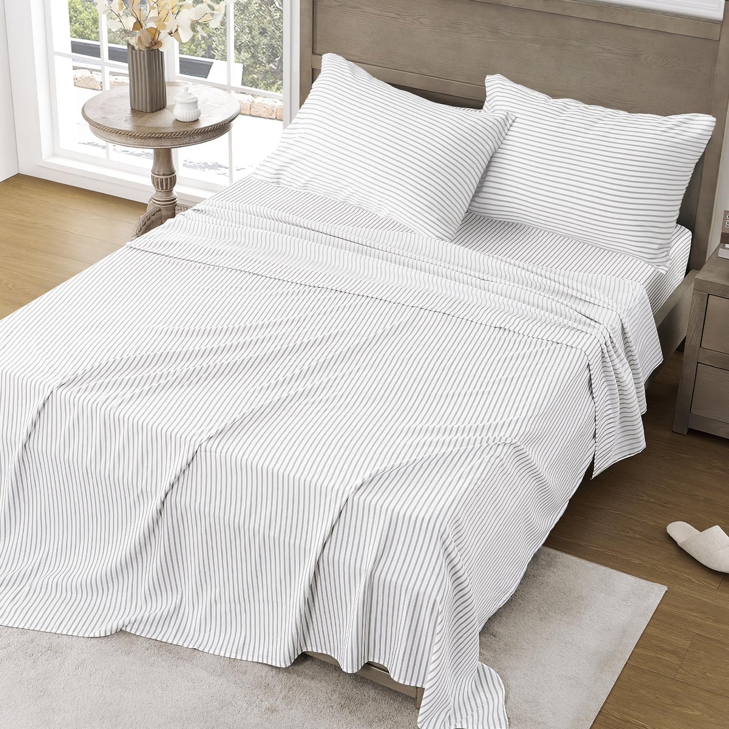 FreshCulture King Size Sheets Set - Ultra Soft Striped Microfiber Sheets - Deep Pockets up to 16" - Easy Care - Hotel Luxury 4 Piece Set, Stripe Grey