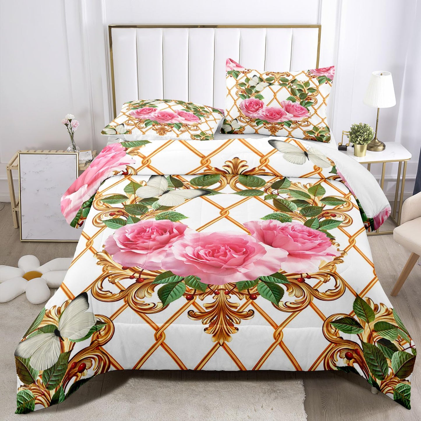 Raphus cucullatus Floral Comforter Set Twin Size,Pink Flower Bedding Set,Flower Quilt Twin Size,Botanical Rose Bedding Pretty Floral Comforter Set