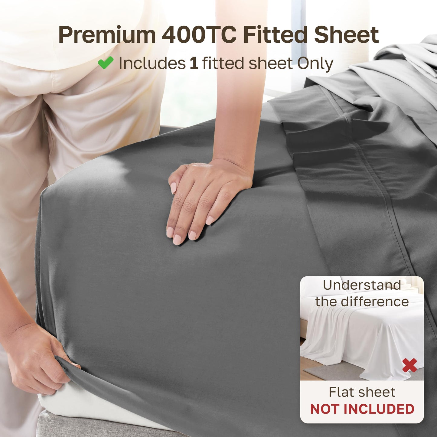 California Design Den Deep Pocket Fitted Sheet Only, Soft 400 Thread Count 100% Cotton King Sheet, No Pop-Off Elastic, Durable Sateen Weave (Grey)