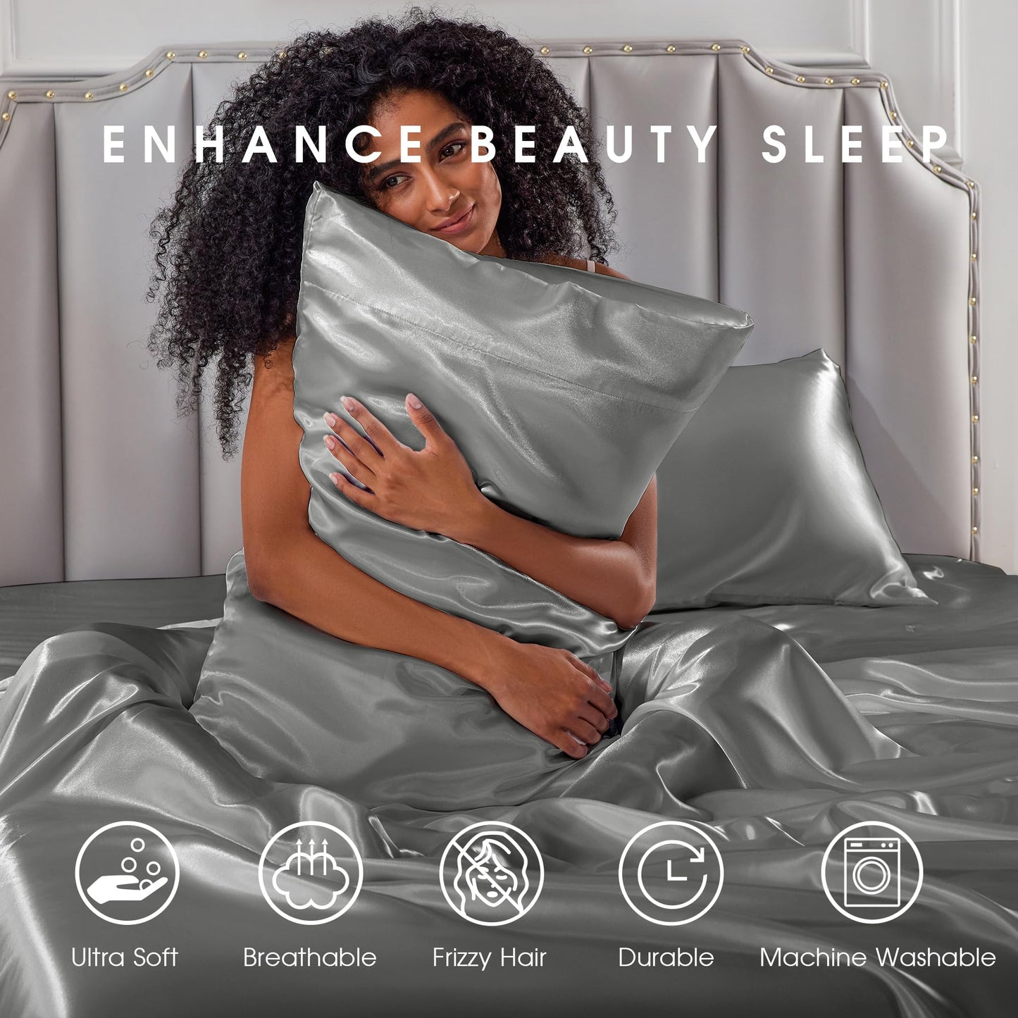 FreshCulture Satin Sheets Full Size - 4 Piece Luxury Soft Silky Full Size Bed Sheets, Similar to Silk Bed Sheet Set with 1 Deep Pocket Fitted Sheet, 1 Flat Sheet & 2 Pillowcases (Light Grey)