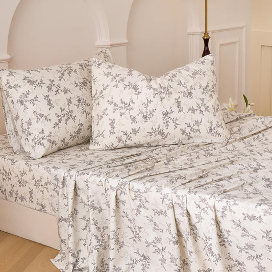 Huborise Beige Floral Bed Sheets Set 100% Cotton Percale Weave Bedding King Size Vintage Toile Flower Printed Sheets, Soft & Breathable Khaki Luxury Bedding, Deep Pocket Fitted Sheet 17.5", 4 Pieces