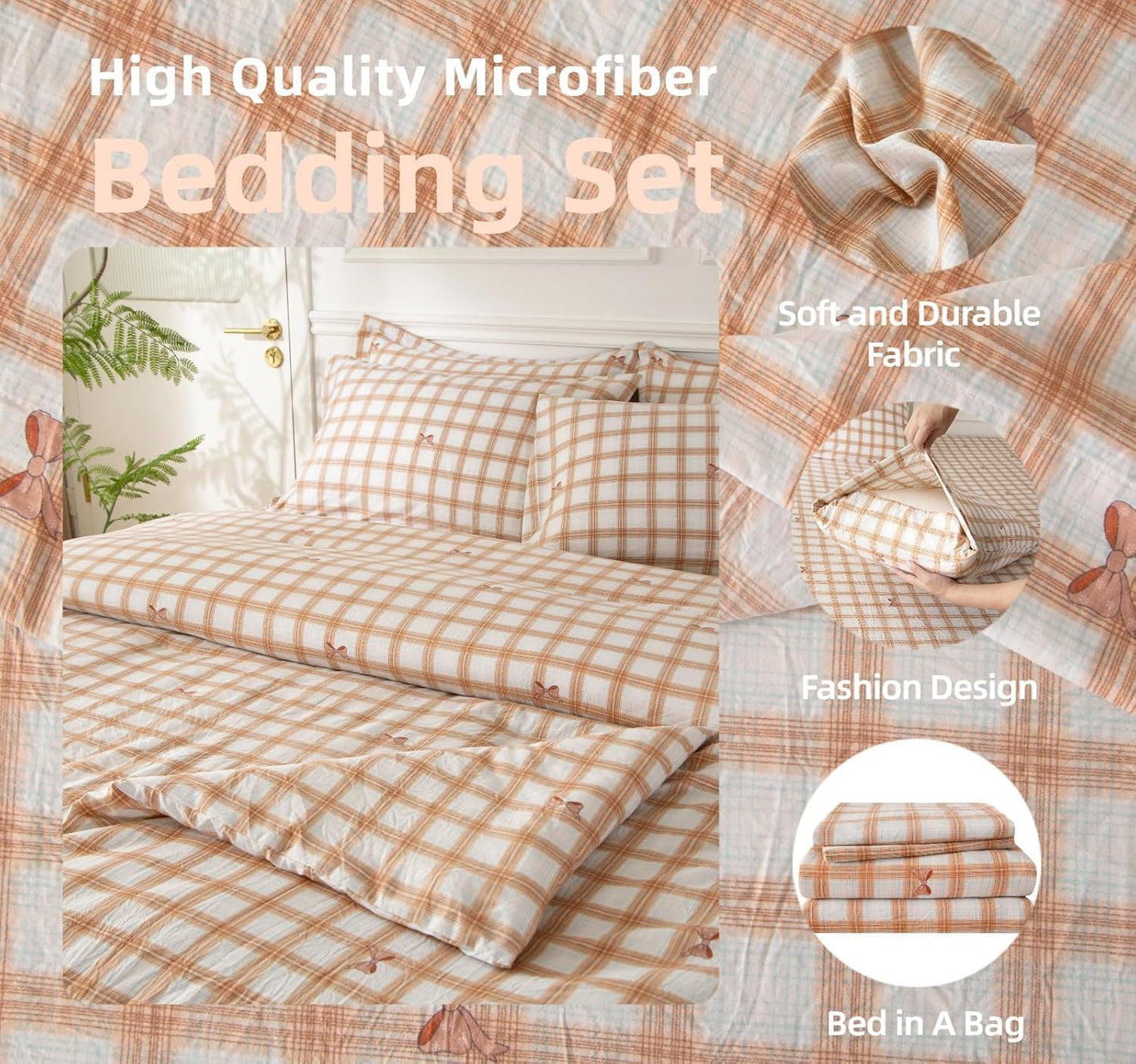 SDY Bowknot Checkered Twin Size Comforter Set, Luxury Soft Bed in a Bag Twin 5 Pieces, All Season Bedding Set with Comforters, Sheets, Pillowcase & Sham