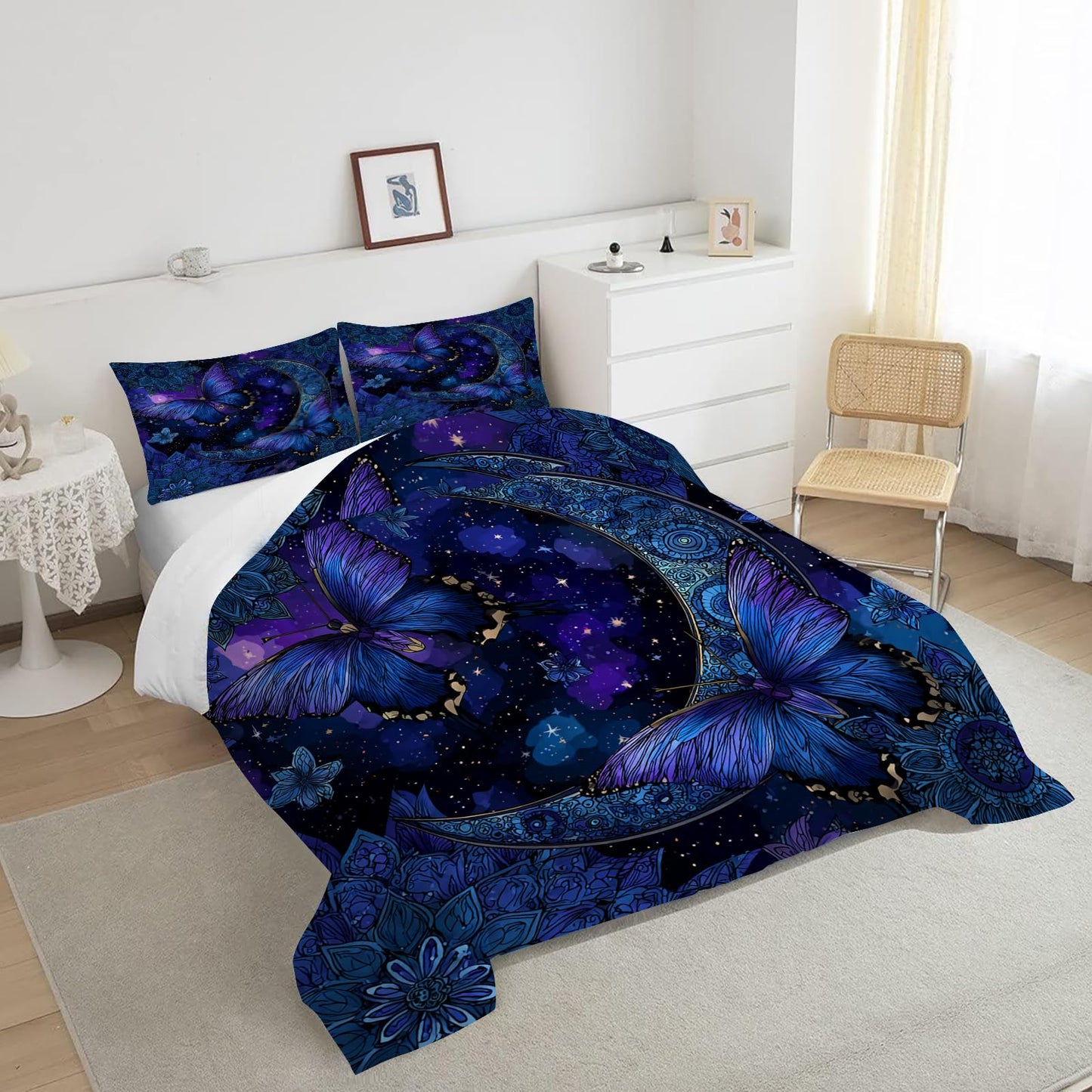 EDGZKO Butterfly Comforter Set, Queen Size Boho Floral Bedding Set for Boys Girls Kids Adults, Gothic Moon Quilt Duvet Breathable Star Sky Bed Set, 1 Comforter & 2 Pillowcases