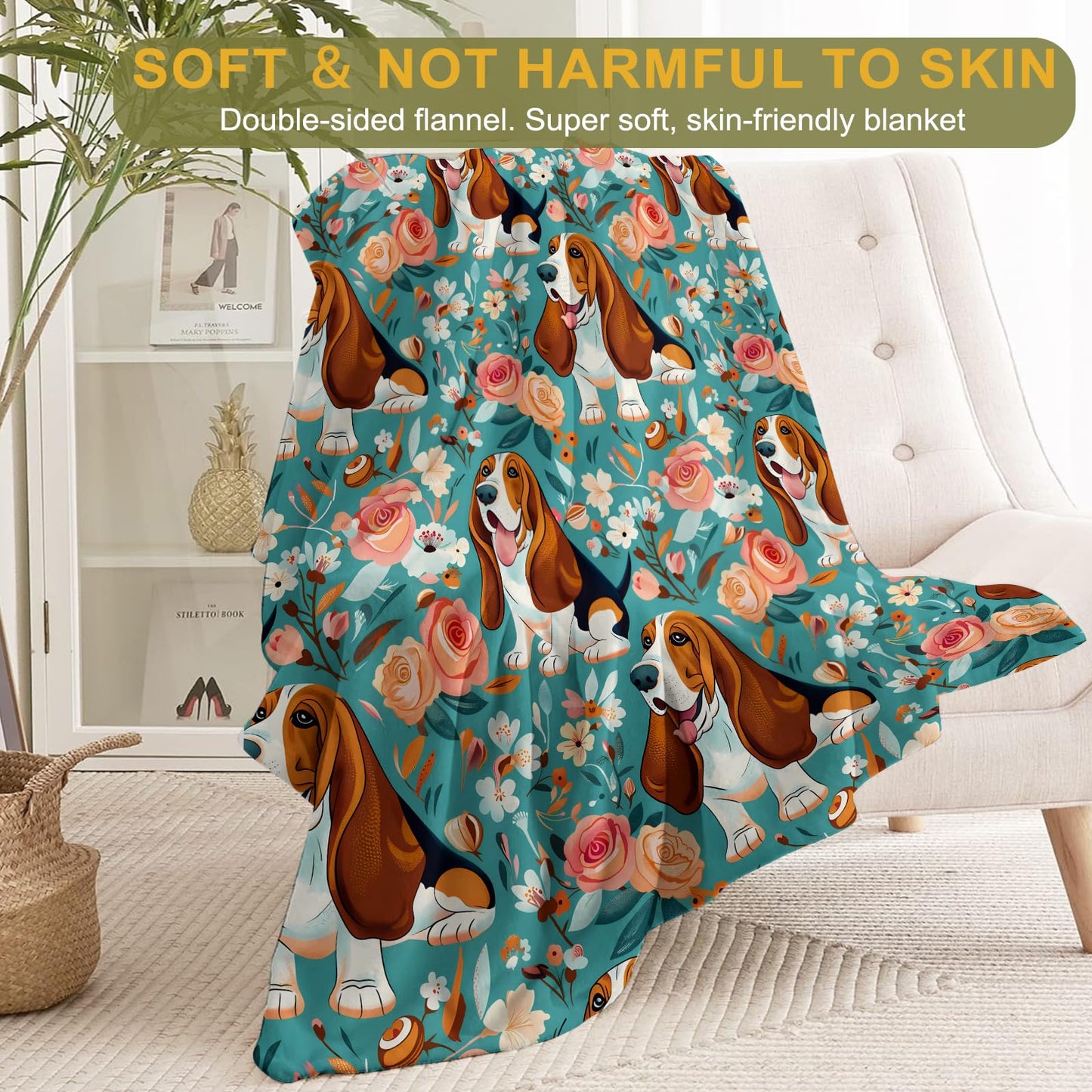 ainori Basset Hound Flannel Blanket - Lightweight Soft Cozy Gifts Blankets for Dog Lovers, Kids,Adult,Women,Charming Puppy Teal Background Art Style Throw,Elegant Home Room Modern Decor 50x60in