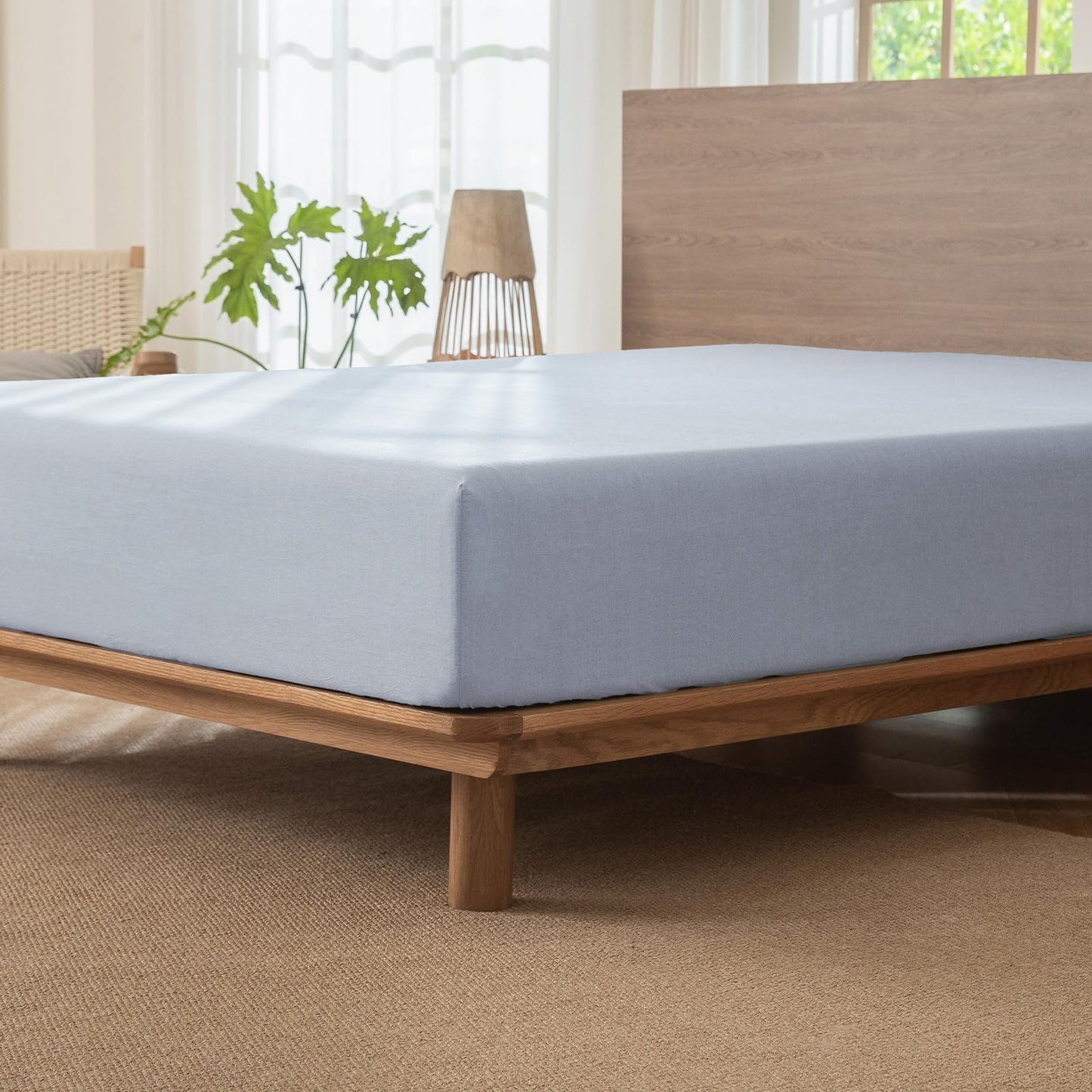 MooMee Fitted Bottom Sheet Only 100% Washed Cotton Linen Like Textured Breathable Durable Soft Comfy Deep Pocket Fits Mattress up to 17" (Cornflower Blue, Queen)