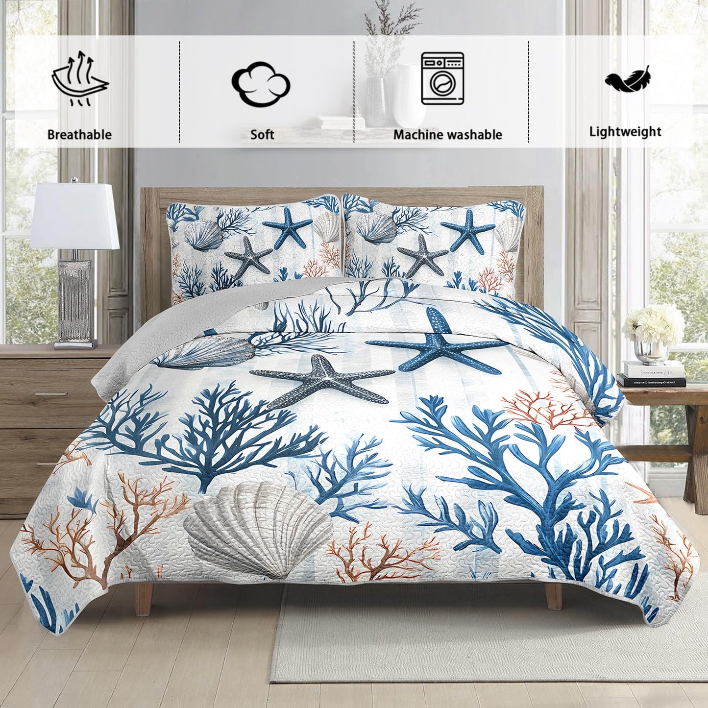UEVBF Starfish Coastal Bedding Quilt Sets Queen Size,Summer Shell Blue Coral Nautical Bedding Quilt with 2 Pillowcases,Beach Themed Soft Lightweight Quilted Set.