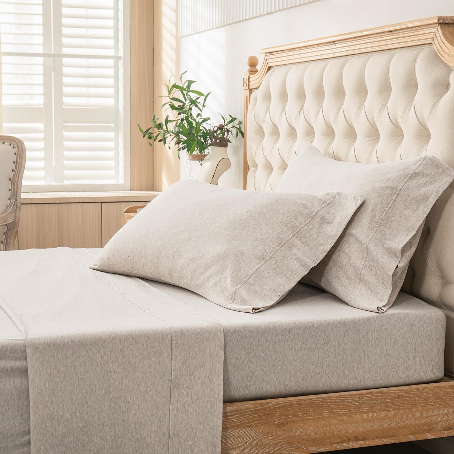PURE ERA Jersey Knit 4pc Bed Sheet Set 100% T-Shirt Heather Cotton Super Soft Comfy Breathable Fits Mattress Up to 20" Extra Deep Pocket (Heather Beige, Queen)