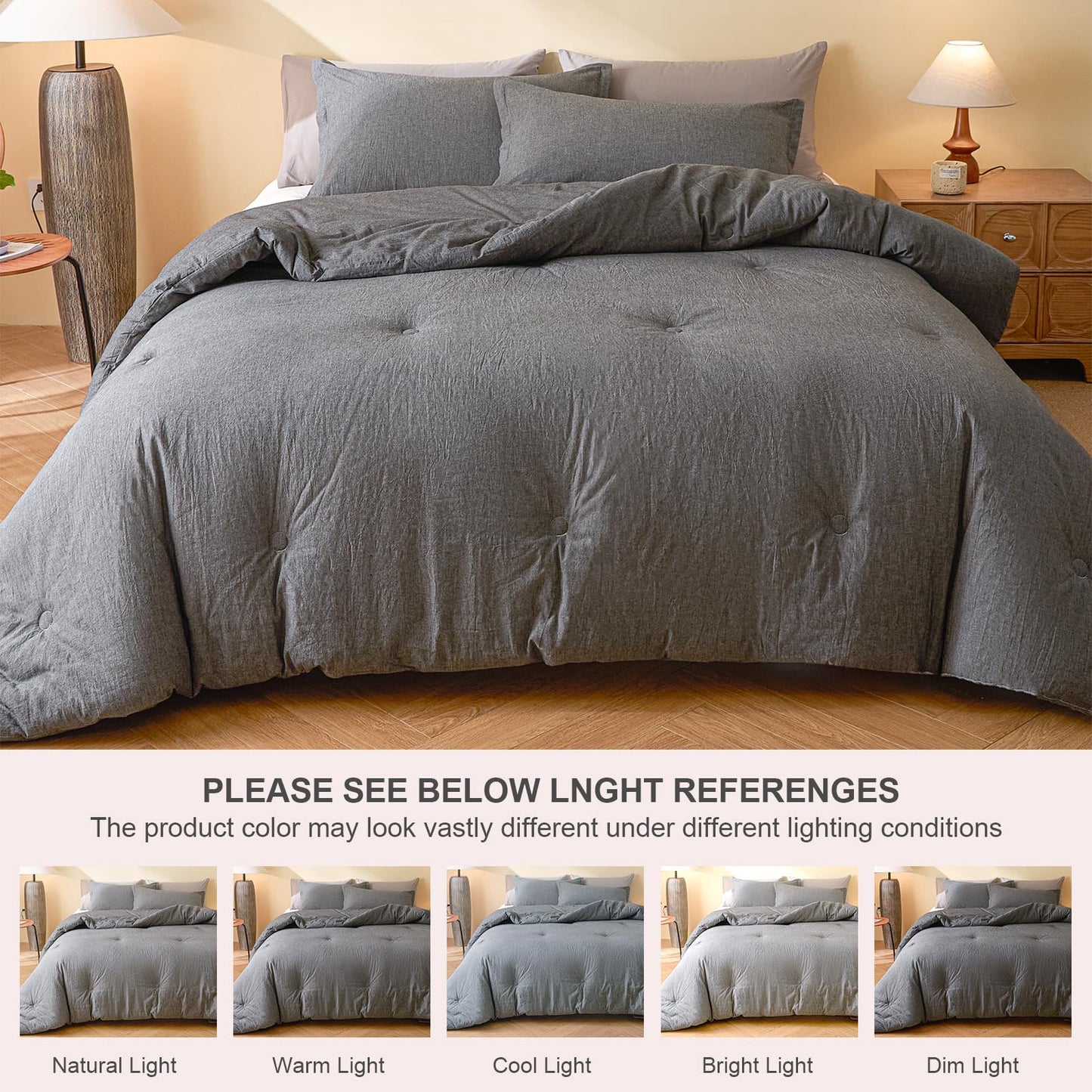 hadamick 100% Cotton Comforter Set Full Size – Reversible Yarn-Dyed Design, Soft Washed Cotton on Both Sides, Lightweight All-Season Bedding, Machine Washable(Black Grey, 80”x90”)