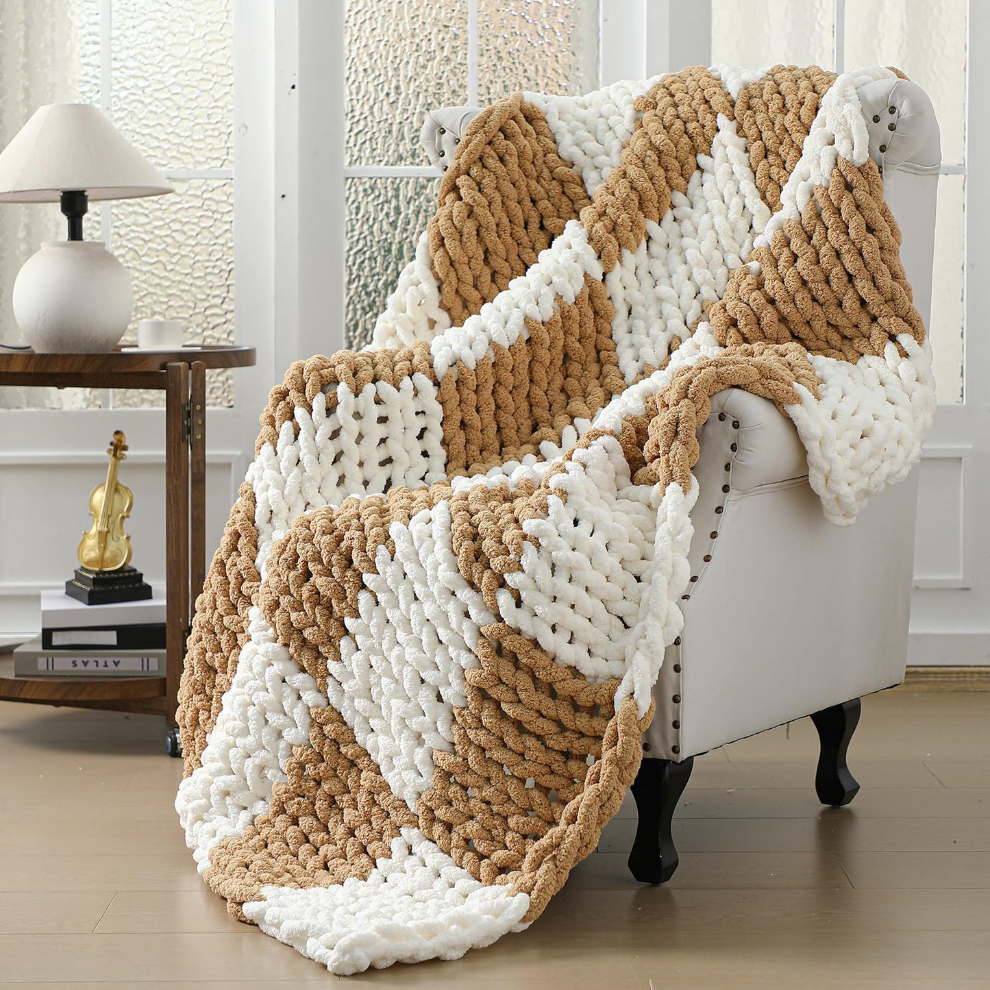 Tudomro Checkered Chunky Knit Throw Blanket for Couch 50 x 60 Inches Neutral Decor 100% Hand Knitted Cozy Soft Large Rope Knot Crochet Blankets for Sofa Living Room(Ivory and Brown)