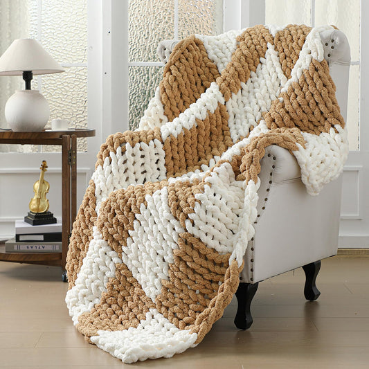 Tudomro Checkered Chunky Knit Throw Blanket for Couch 50 x 60 Inches Neutral Decor 100% Hand Knitted Cozy Soft Large Rope Knot Crochet Blankets for Sofa Living Room(Ivory and Brown)