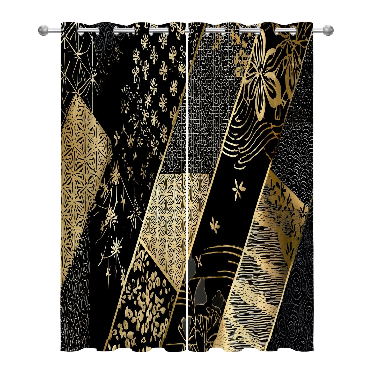 Solvivae Black Gold Black Out Curtains 63 Inch Long, Floral Boho Curtains for Bedroom Living Room, Room Darkening Thermal Insulated Grommet Drapes, Patterned Window Treatments