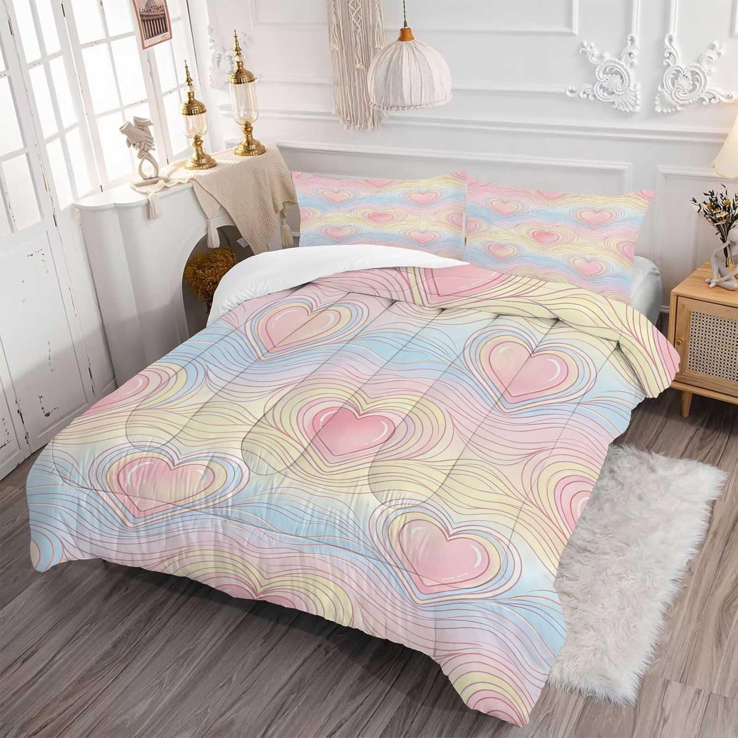 DJNEAR Pastel Heart Comforter Set, Soft Microfiber Cute Pink Heart Bedding Set for Girls Teens Women, 2 Pieces All Season Ombre Love Wave with 1 Comforter 1 Pillowcase, Twin Size