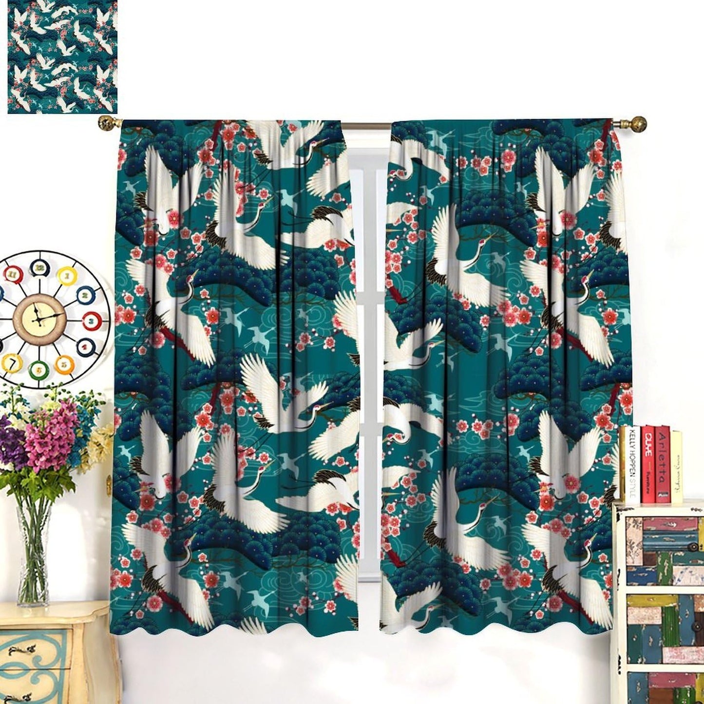 YSWOW Japanese Cranes Curtains, Asia Oriental Theme Art Printed Window Drapes for Bedroom Living Room Kitchen Decor Fabric 2 Panel 42x45 Inch 30% Shading Rate