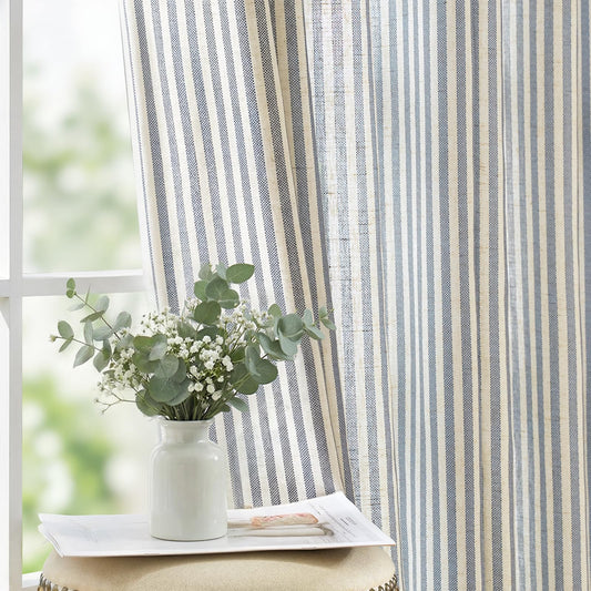 jinchan Linen Curtains for Living Room Blue on Beige Striped Curtains for Bedroom Ticking Stripe Pattern Light Filtering Cottage Core Rustic Grommet Window Treatment 2 Panels 84 inches Long