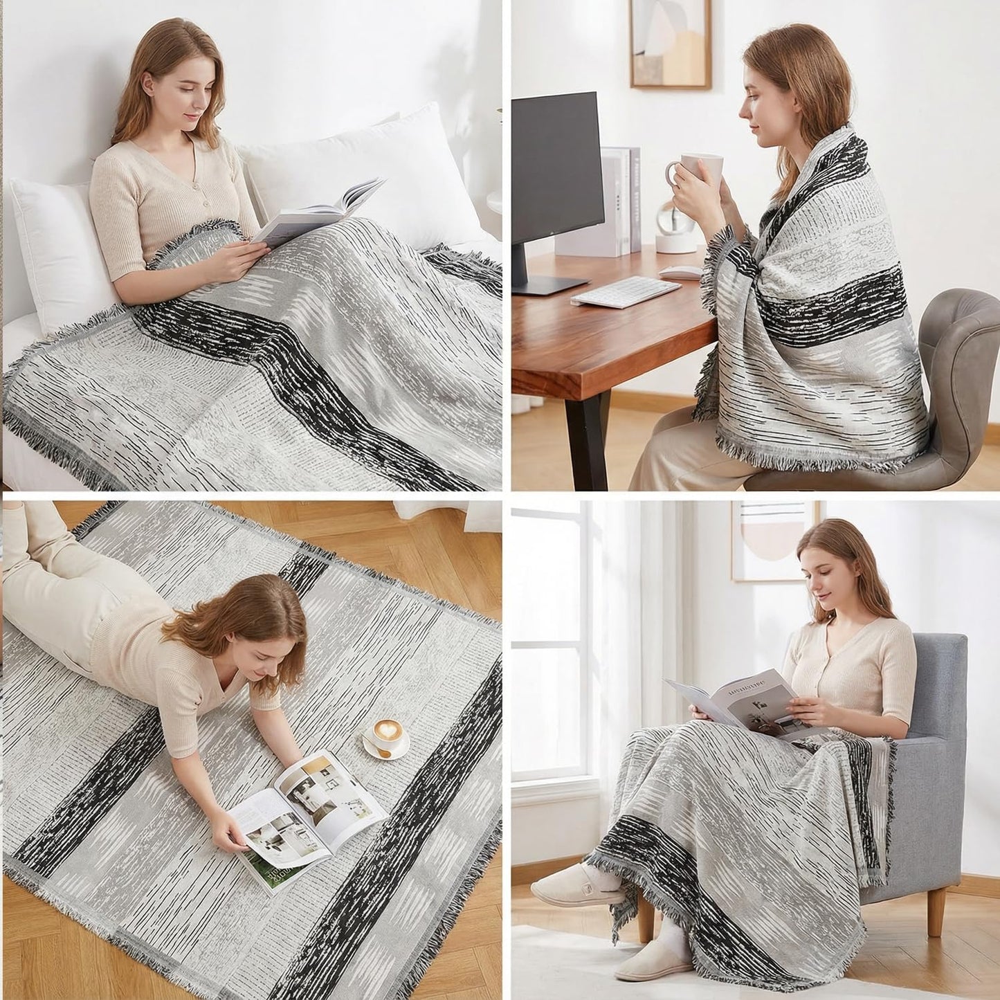 amorus Bohemian Throw Blanket, Chenille Jacquard with Tassels, Soft Throw Cover for Couch, Bed, Outdoor Camping Picnic Car Travel, Warm & Cozy for All Seasons, Pattern IV, (63"*71")