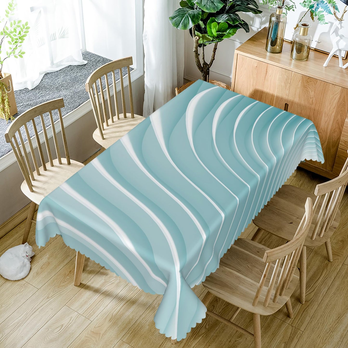 TTQYFNM 52x70inches Abstract 3D Wave Pattern Tablecloth Modern Geometric Gradient Turquoise White Table Covers Waterproof Durable Polyester Fabric Table Cloth for Dining Room Living Room Home Decor
