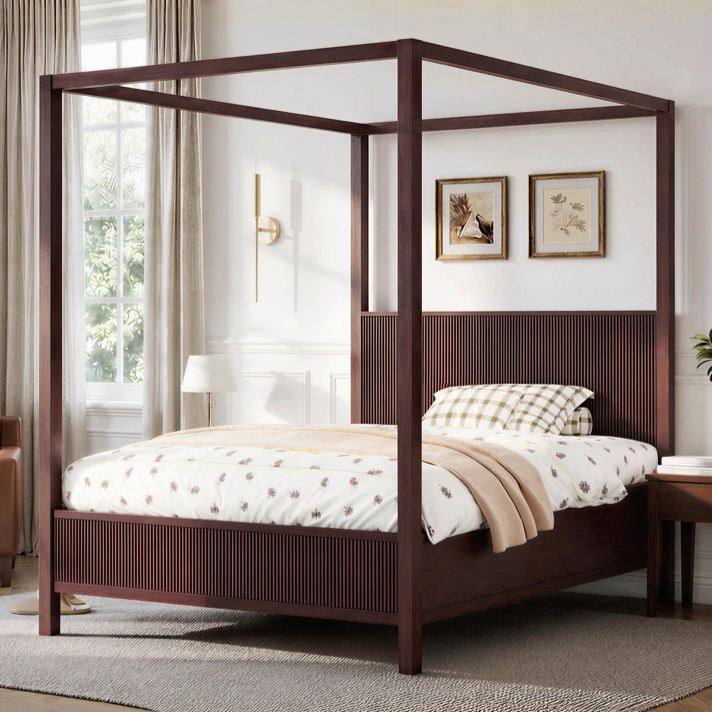 Espresso Solid Wood Canopy Bed Frame Queen Size with Headboard Four-Posters Bed, 6" Under Bed Storage Wooden Platform Frames, 12- Leg ＆ 10-Slat Support, No Box Spring Needed (Espresso, Queen, 75.5"H)