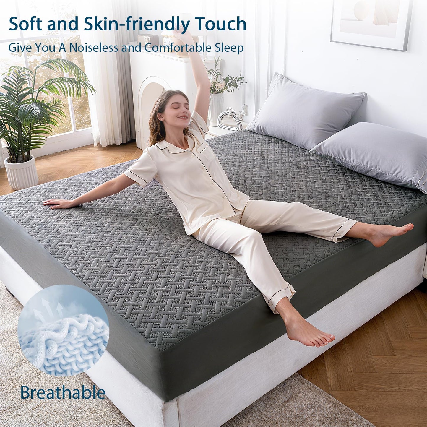 KLOVARIS Queen Mattress Protector Waterproof - Ultrasonic Noiseless Mattress Pad with Reinforced TPU Backing, Breathable Bed Cover Fit 6"-18" Deep Pocket for Potty Training, Pets & Night Sweats, Gray