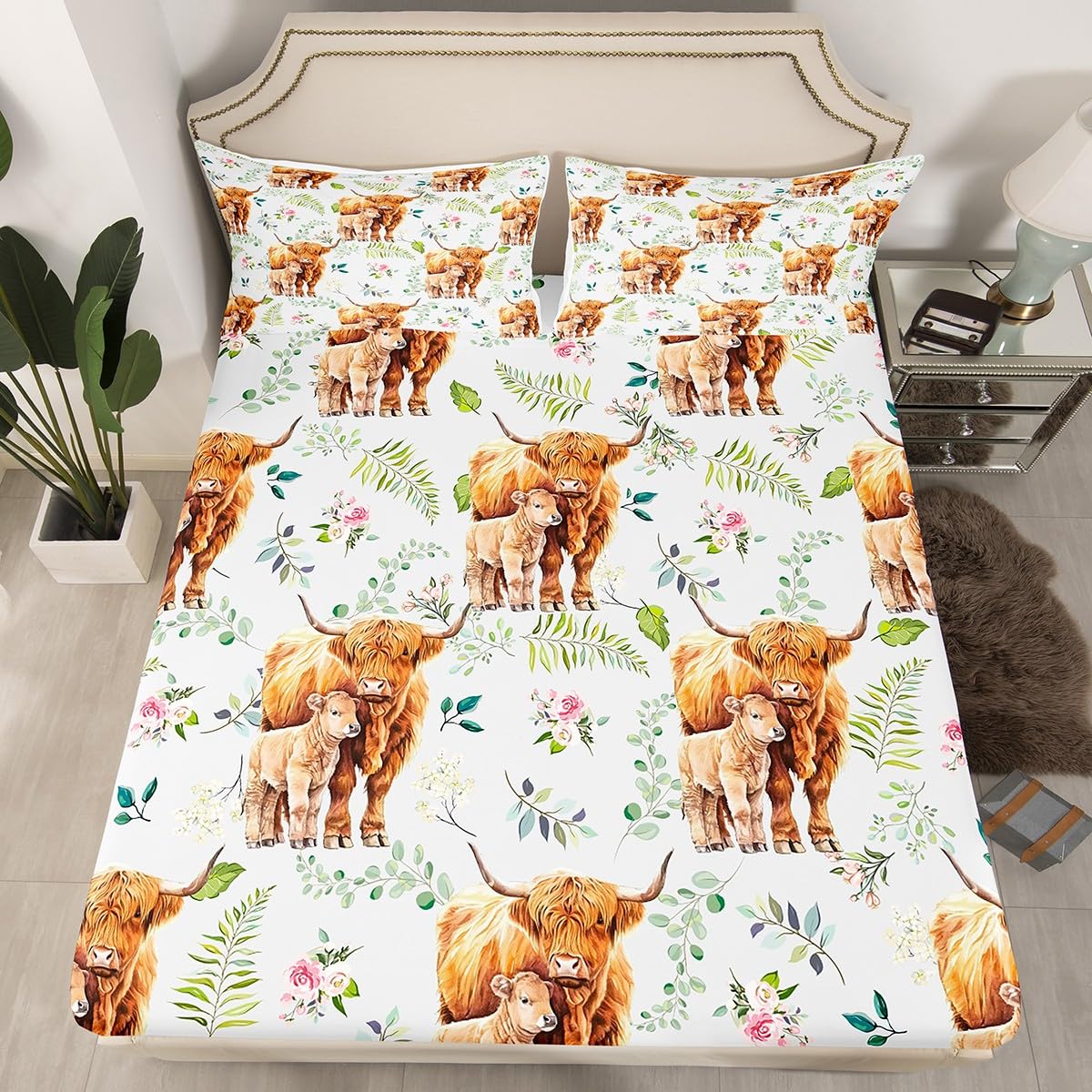 Erosebridal Rustic Cow Sheet Set Full,Retro Cowhide Bed Sheets for Kids Boys Girls,Highland Cow Mother Kid Bedding Set,Farmhouse Rose Flower Leaf Fitted Sheet + Top Sheet + 2 Pillowcases